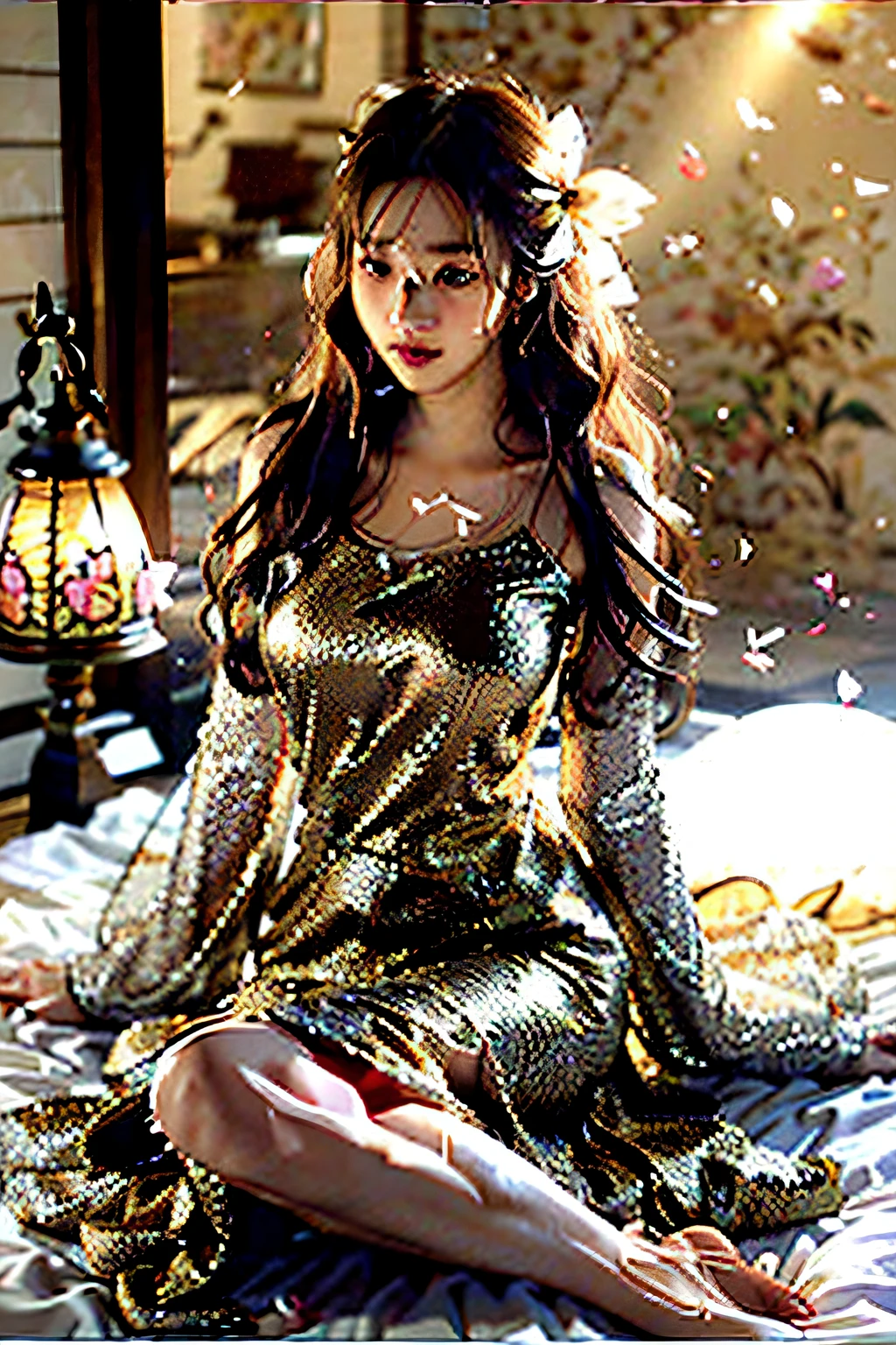 Need,tmasterpiece,A high resolution,(Delicate figure:1.5),Absolutely beautiful,(Milky skin:1.3),exquisitedetails,A high resolution,Wallpapers,1female,独奏,shift dresses,hair adornments,(((Golden and red dress)) ), florals, long whitr hair, A brown-haired, Keep one's mouth shut, trinkets, longer sleeves, Raise Hand, Wide sleeves, Big eyes, Fluttering, Hanfu, Hanfu, embroidery, long  skirt, natural poses, falling flower petals, inside in room, Fanning,lanterns，16K，HDR，A high resolution，depth of fields，（filmgrain：1.1），Bocoon，prime time，（lens flare glow），Vignette，rainbowing，（Color：1.5），Bare chest