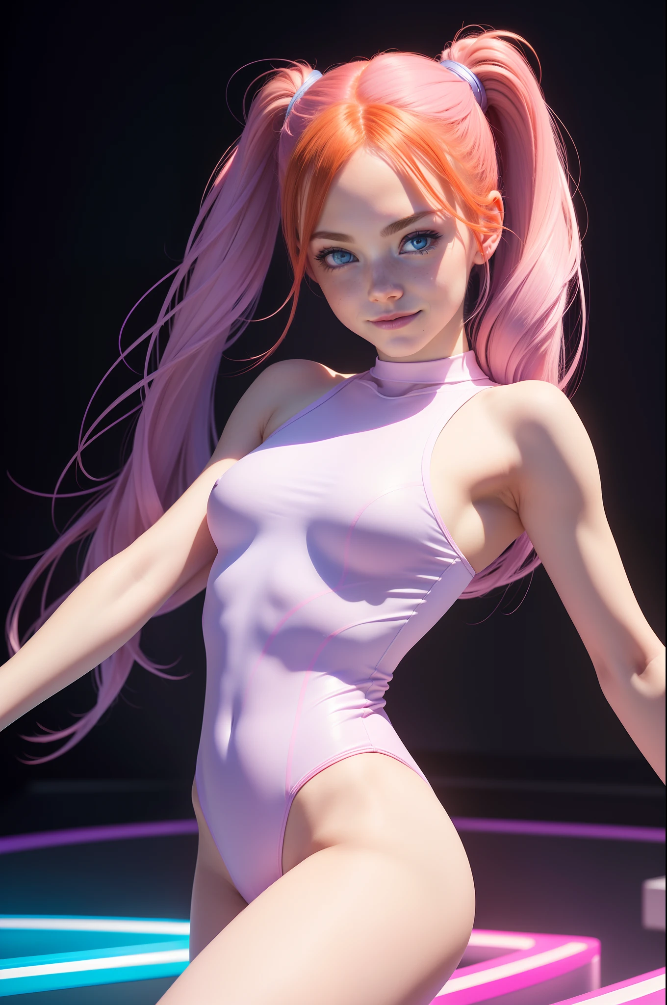 1 girl, solo, (cute 16-year-old redhead EmmaStone in twin tails), Ukrainian, multiple (luminous rainbow colored hair: 1.2), ((perfect body: 1.6)) (beautiful detailed eyes: 1.6), (photo realistic eyes: 1.6), (ice-blue, "Emma Stone" type, eyes: 1.6), happy and smiling, (petite gymnast body), ((gymnast body, beautiful full round breasts, small head, dainty hands: 1.6)), (shy cute pose), (pale white skin), ((pastel purple cotton leotard: 1.6)), with (smooth pantyhose leotard: 1.6), (dark, tron style background), high tech, (wide angle lens), colorful neon lighting, ((very dark sky)), futuristic city, photo realistic, hyper detailed.