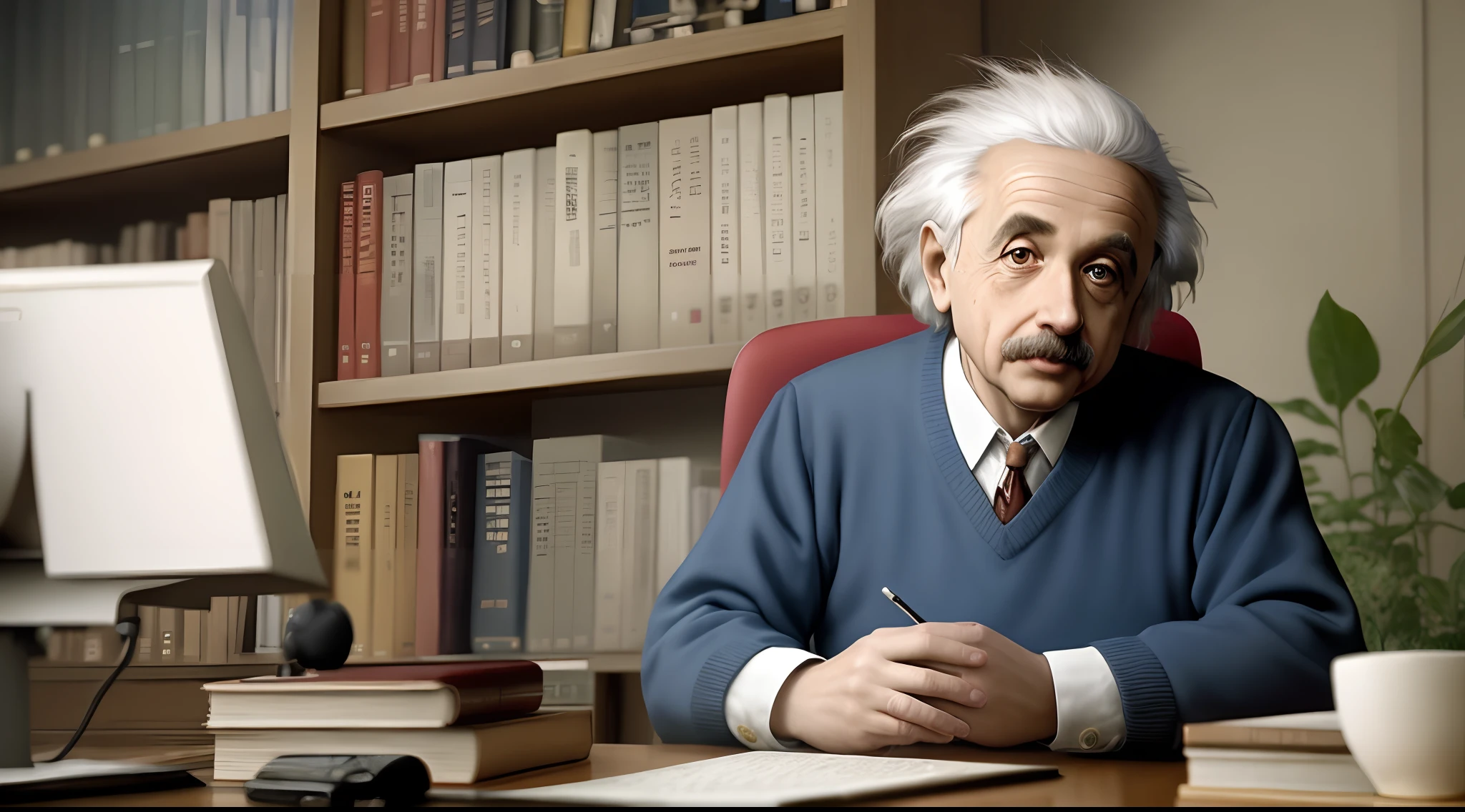 Albert Einstein sentado em uma cadeira de frente para o telespectador