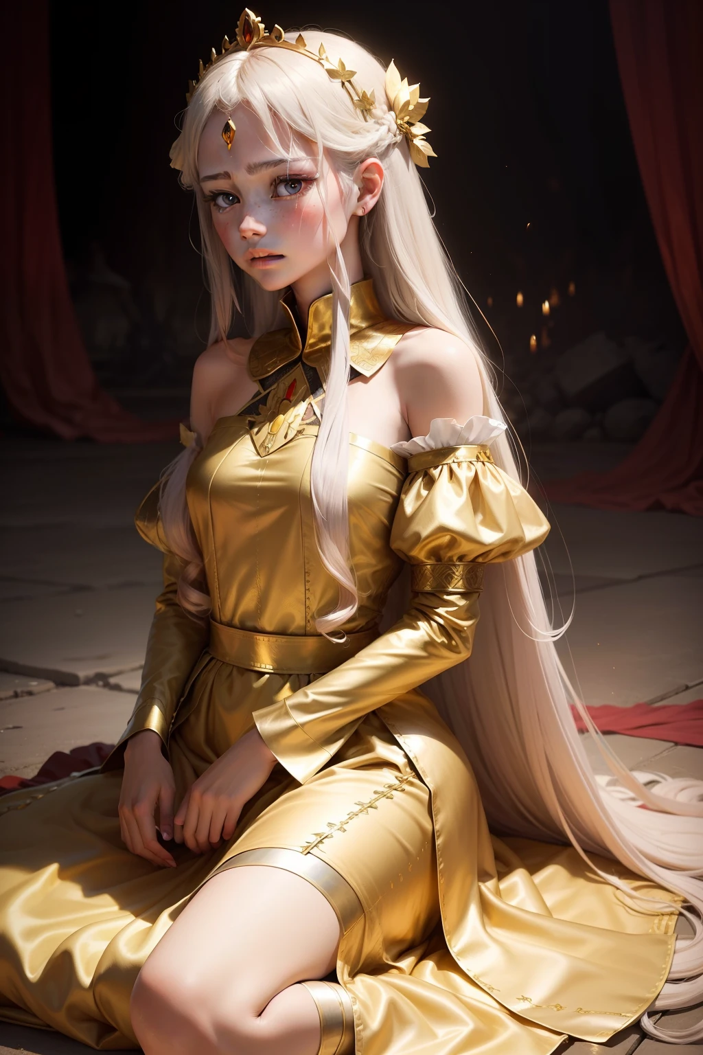 Princess at war,Golden dress,Ruined battlefield,Long hair,Thin hairpins,Tired face,There was a little hatred in his eyes
