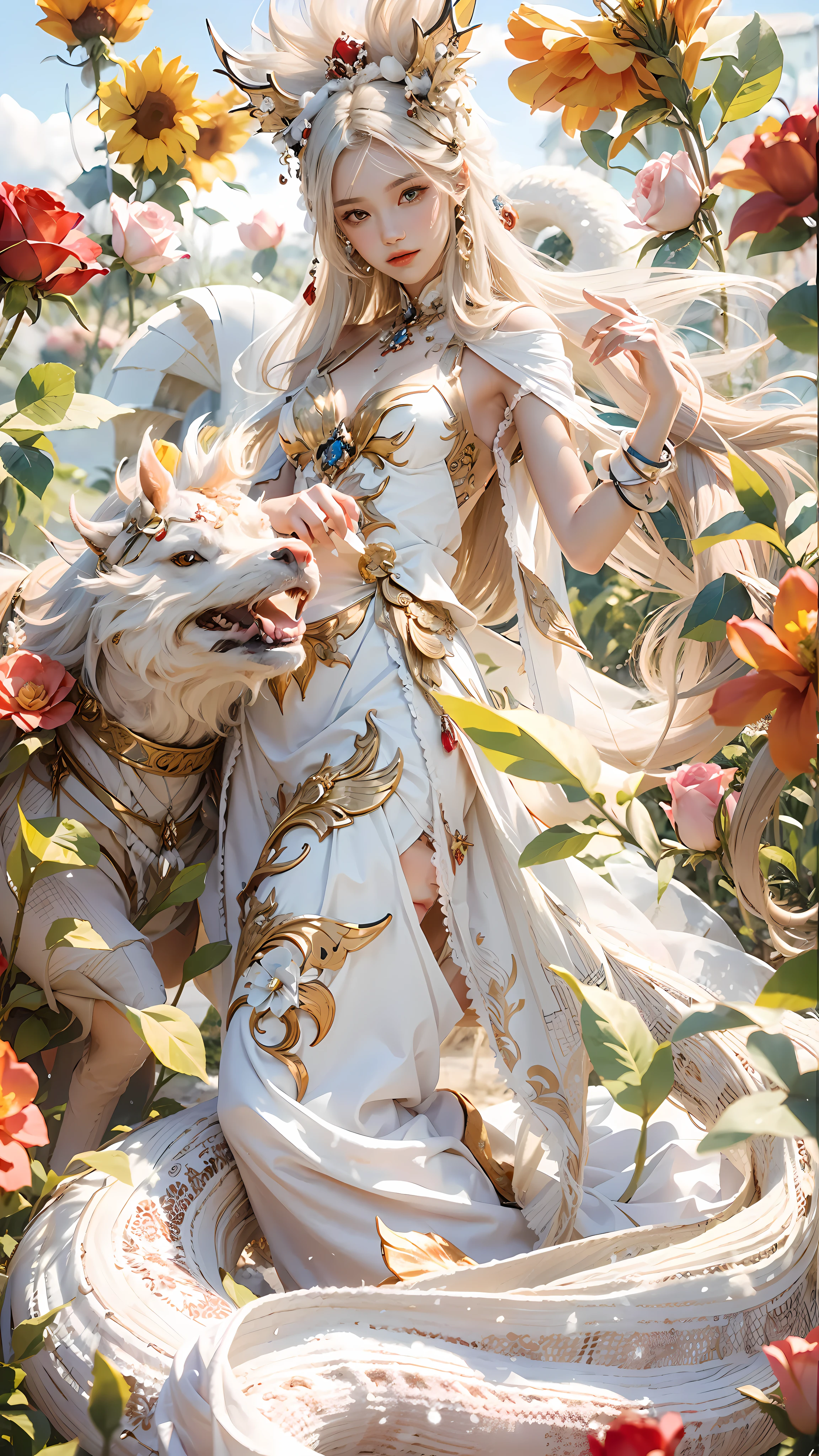 Exquisite scenes,depth of fields,8K,The ivory sky,White clouds,The sun shines on the snow-white sand。The coral sea,There are many small colorful shells on the beach,Red rose,Rose flower,tmasterpiece,k hd,Detailed details,Beauty defines the role of the body in detail,ssmile,Exquisite facial features,s the perfect face,White skin of the,long whitr hair,The background is a dragon,The hair is orange,Dressed in white,The clothes were tightly wrapped,long trousers,Cloak,Animal headdress