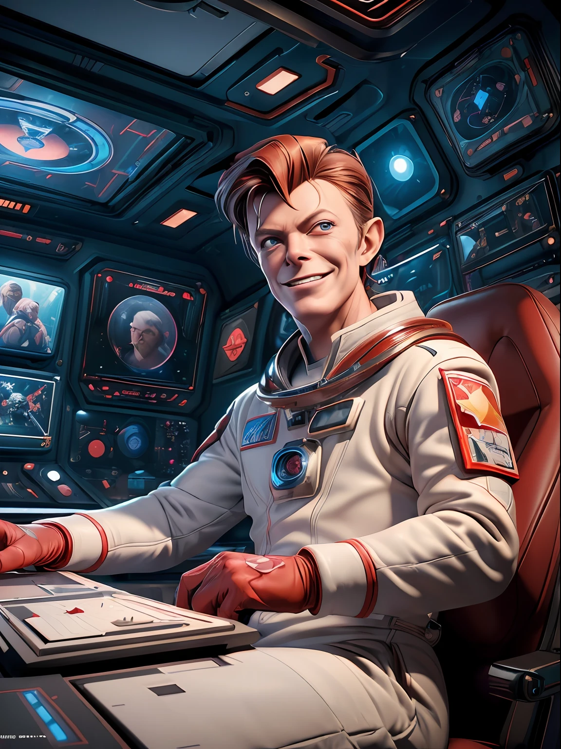 (masterpiece, best quality, illustration, unreal engine 5, official art:1.3), Rich Red color scheme, Don Lawrence hyper realistic picture of (David Bowie) as smiling Major Tom, a technocratic, omnivorous, iridescent, astronaut commander, (sitting in a starbase control room:1.2),detailed face, detailed hair, detailed eyes, perfect fingers, insanely intricate detail, absurdres, 8k