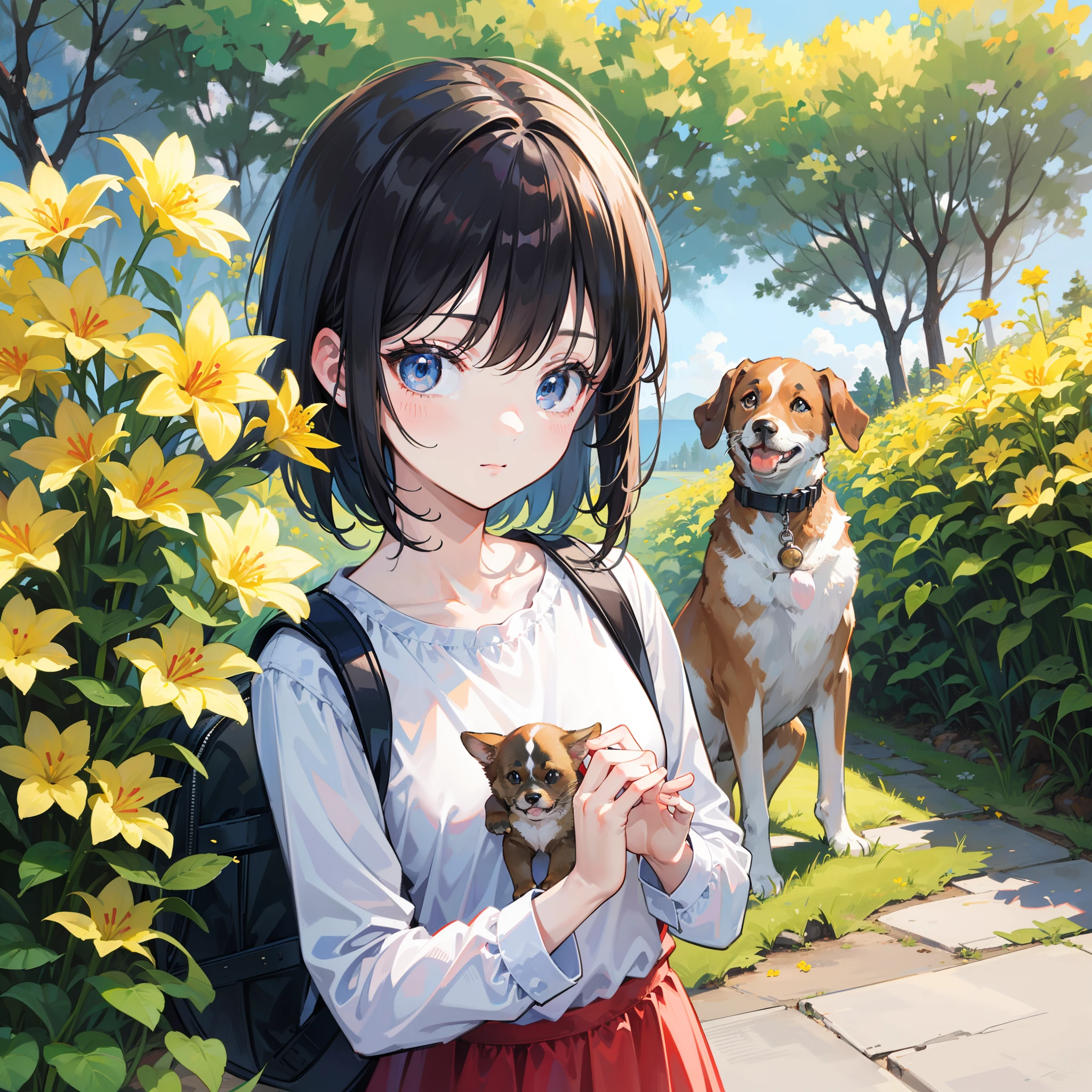 Tip: A very charming girl with a backpack and her cute puppy enjoying a lovely spring outing surrounded by beautiful yellow flowers and nature. The illustration is a high-definition illustration in 4k resolution, featuring highly detailed facial features and cartoon-style visuals.