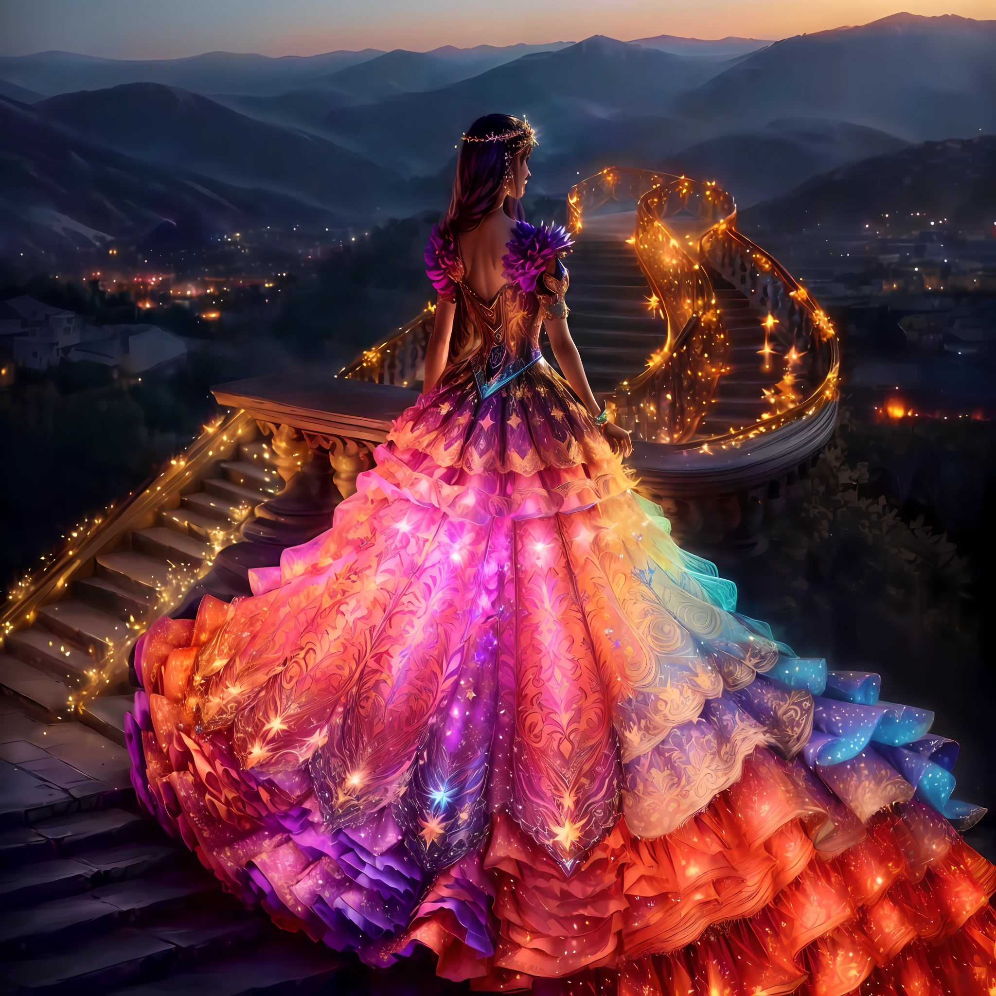 arafed woman in a colorful dress standing on a stairway, magical dress, light dress, dress made of fire, wearing a magnificent dress, lady with glowing flowers dress, fantasy dress, wearing a dress made of stars, intricate fantasy dress, an intricate dress, fantasy long intricate gown, wearing a wonderful dress, extravagant dress, fantasy gorgeous lighting, princess of light