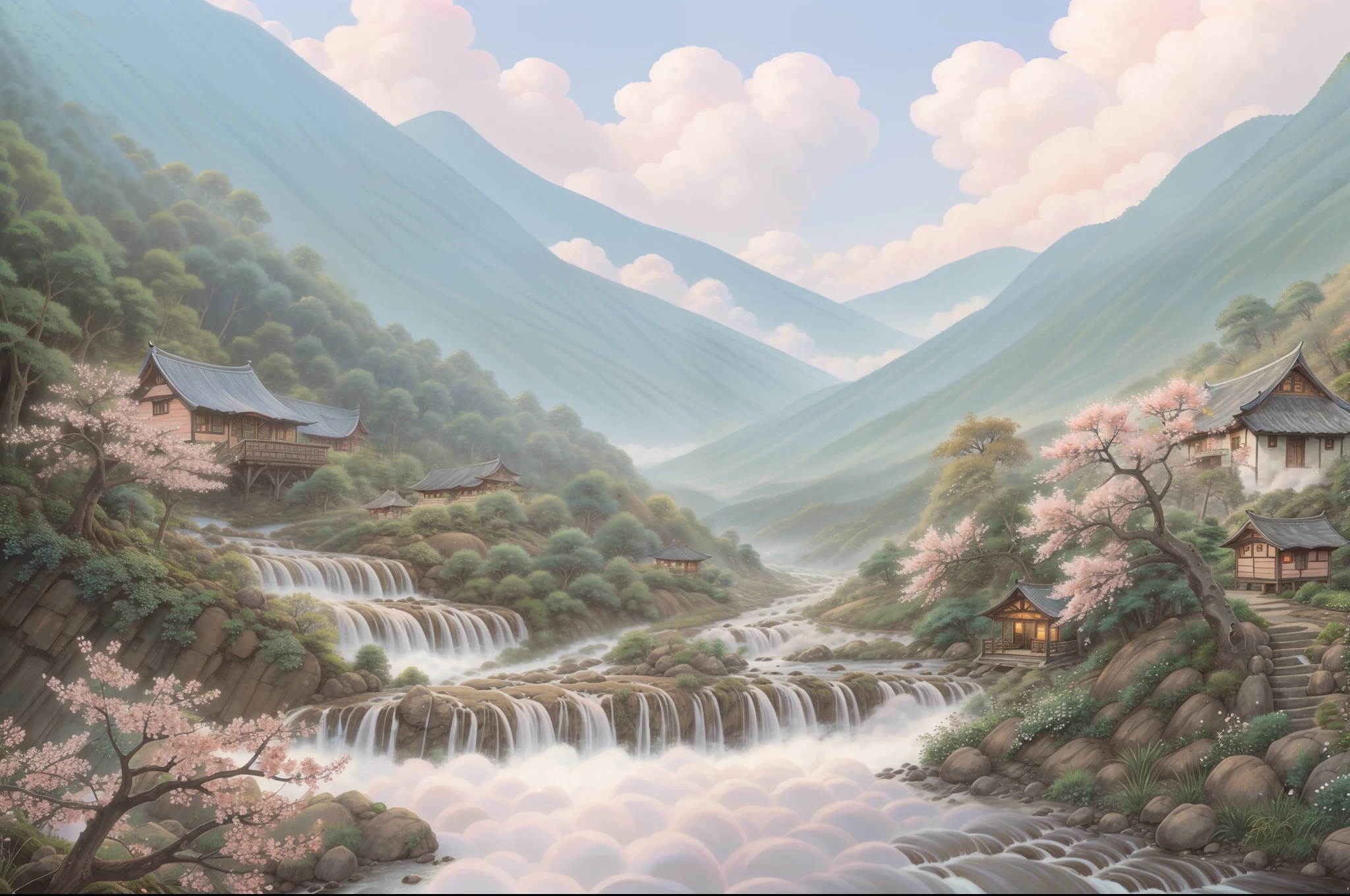 tmasterpiece,best qualtiy,(Highly detailed CG unified 8K wallpaper),(Better quality),(Better illustrations), Pink peach blossoms,koyama,small village,Four or five small houses,(((Peach Blossom Forest))),(((peach blossom))), Mountain path with small stone steps,small stream,small waterfalls,High hills,Far Mountain,Cloud fog,(idyllic))