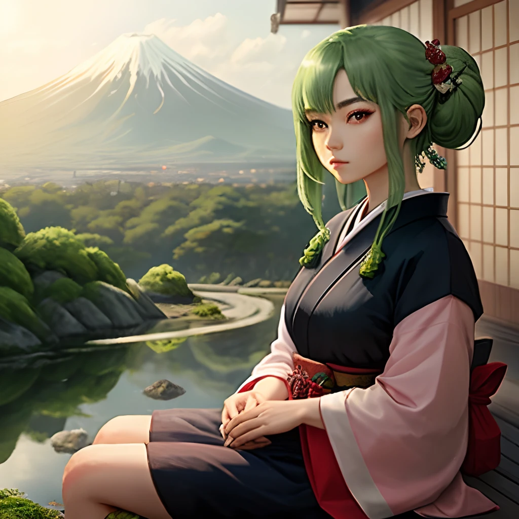 Green hair,Red eyes,dual horsetail,Japan sits