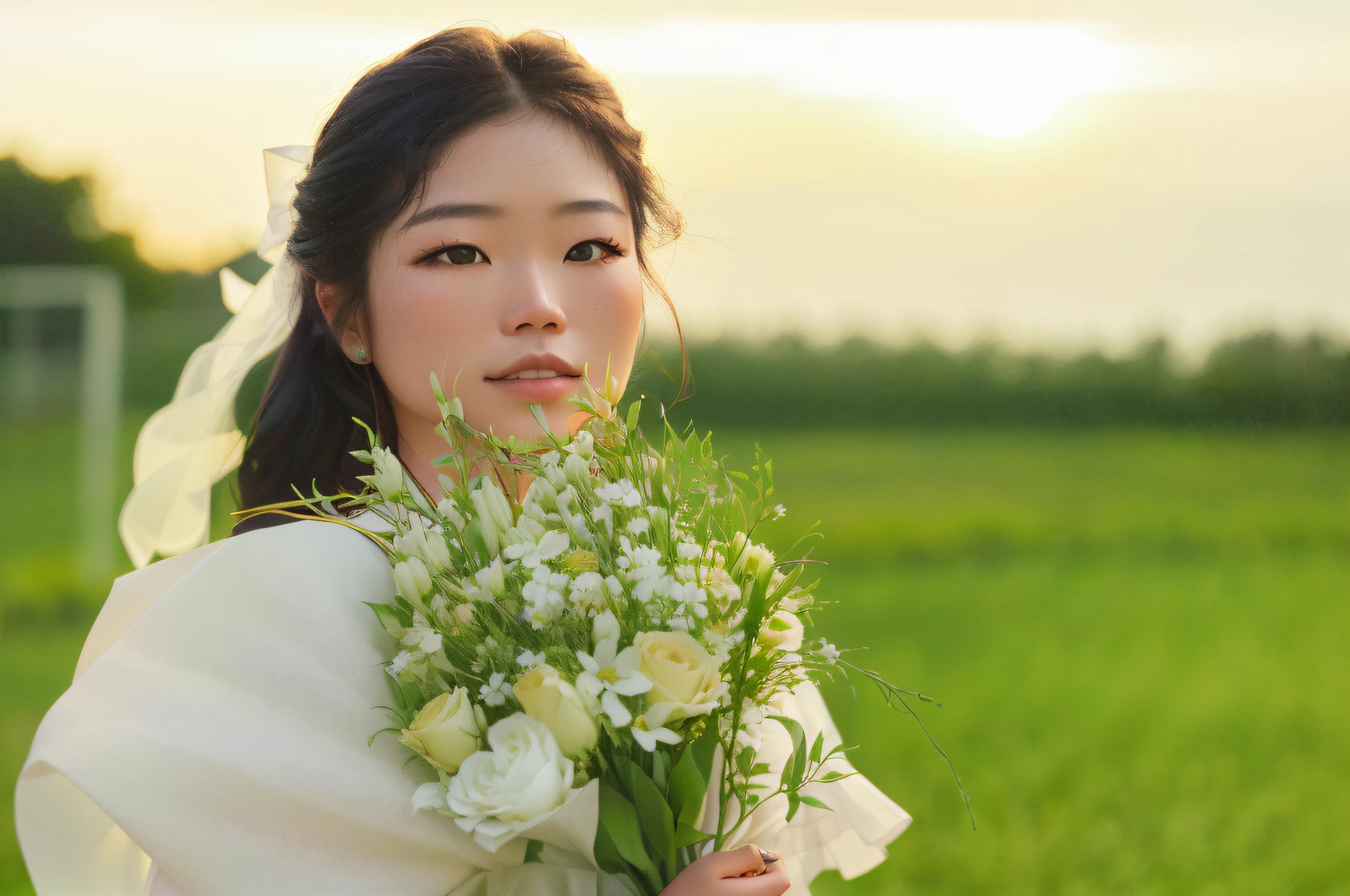 there is a woman holding a bunch of flowers in her hands, With flowers, With sunset, Holding flowers, photo taken with canon 5d, A young Asian woman, Smooth curls are brightened, shot at golden hour, morning golden hour, late sunset, inspired by Kim Du-ryang, Young Asian woman, taken with canon eos 5 d mark iv, Beginner
