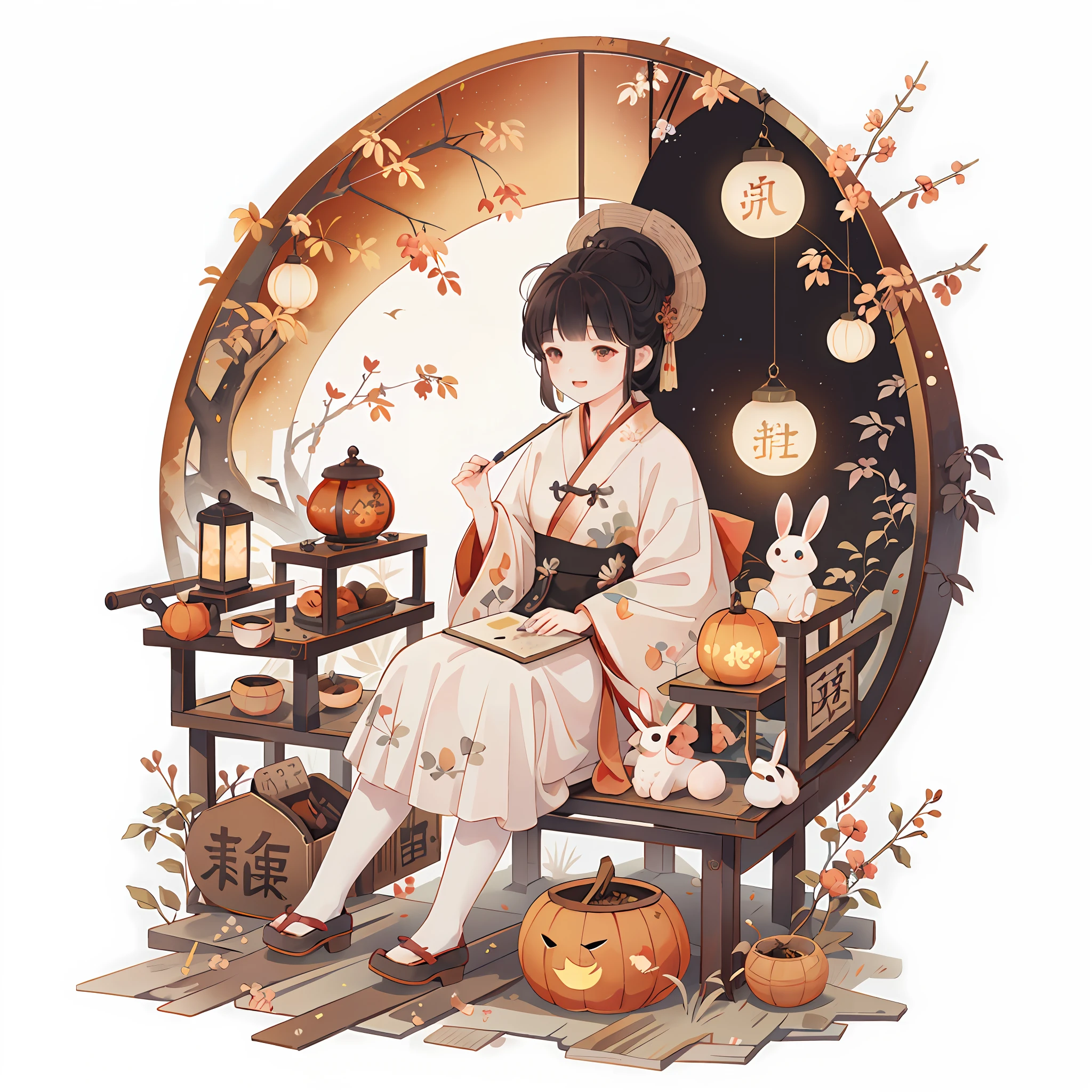 (A rabbit:1.4), sat on the ground, Looking up, Mid-Autumn Festival atmosphere, Chinese Traditional illustration style, Digital art, Simple background, Masterpiece on white background, Best quality, Ultra-detailed, High quality, 4K