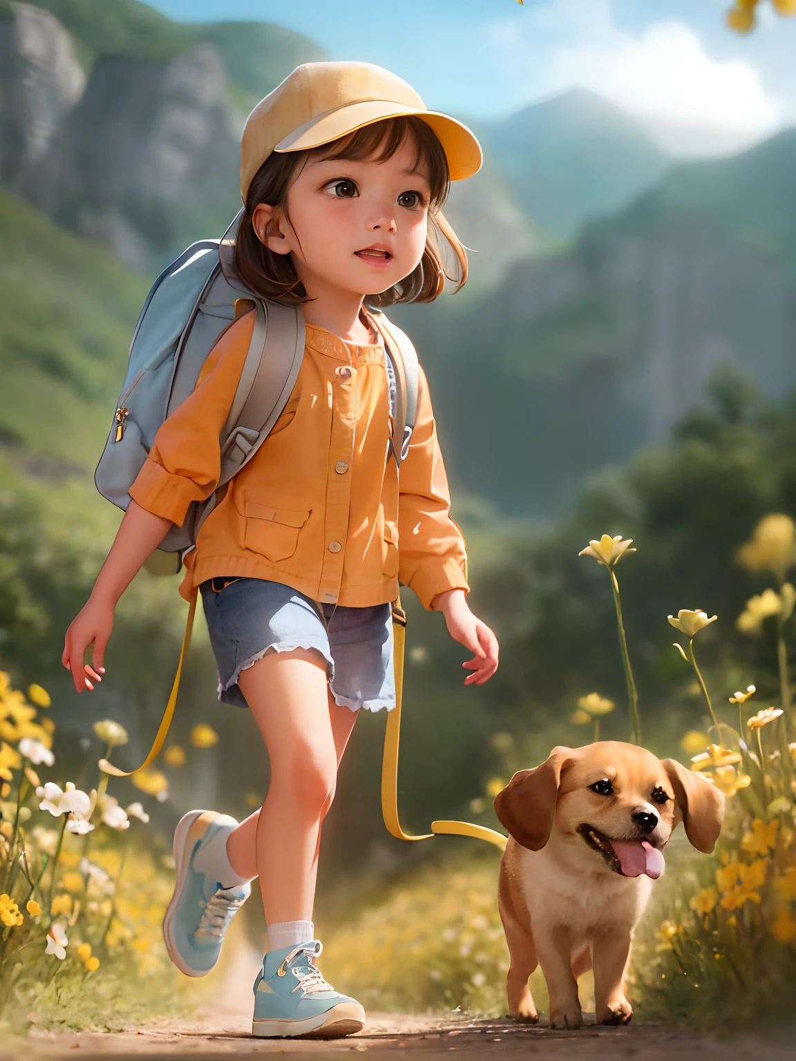 Tip: A very charming  girl with a backpack and her adorable puppy enjoying a lovely spring outing surrounded by beautiful yellow flowers and nature. The illustration is a high-definition illustration in 4K resolution with highly detailed facial features and cartoon-style visuals.