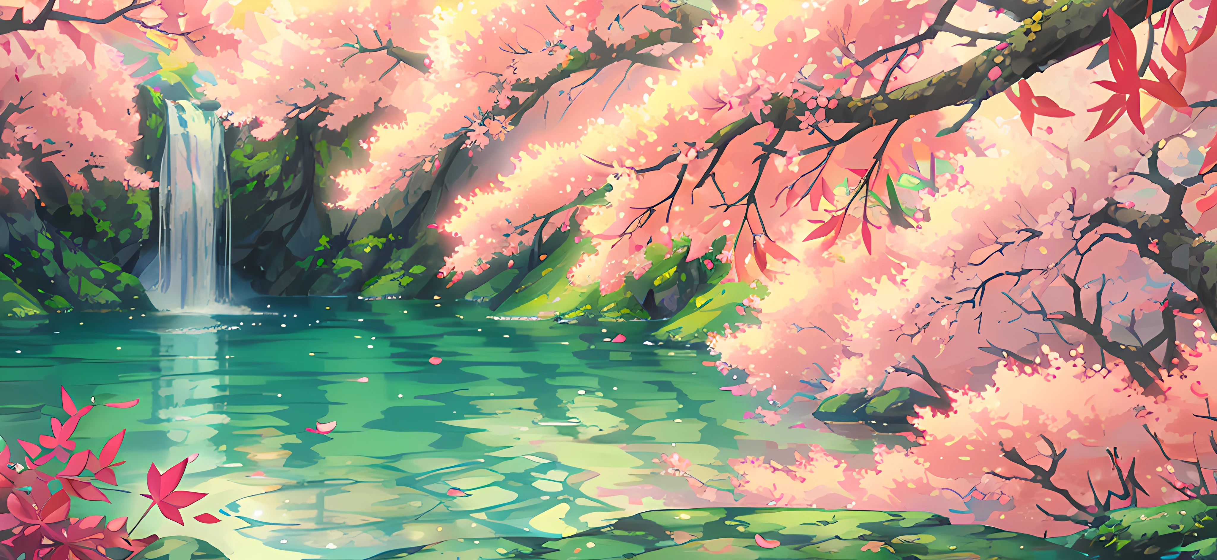 Chinese ancient times, spring, jungle, ((pink leaves in the air)) lake, cave, waterfall, tree, meadow, rock, deer, hot spring, water vapor, (illustration: 1.0), epic composition, realistic lighting, HD details, masterpiece, best quality, (very detailed CG unified 8k wallpaper)