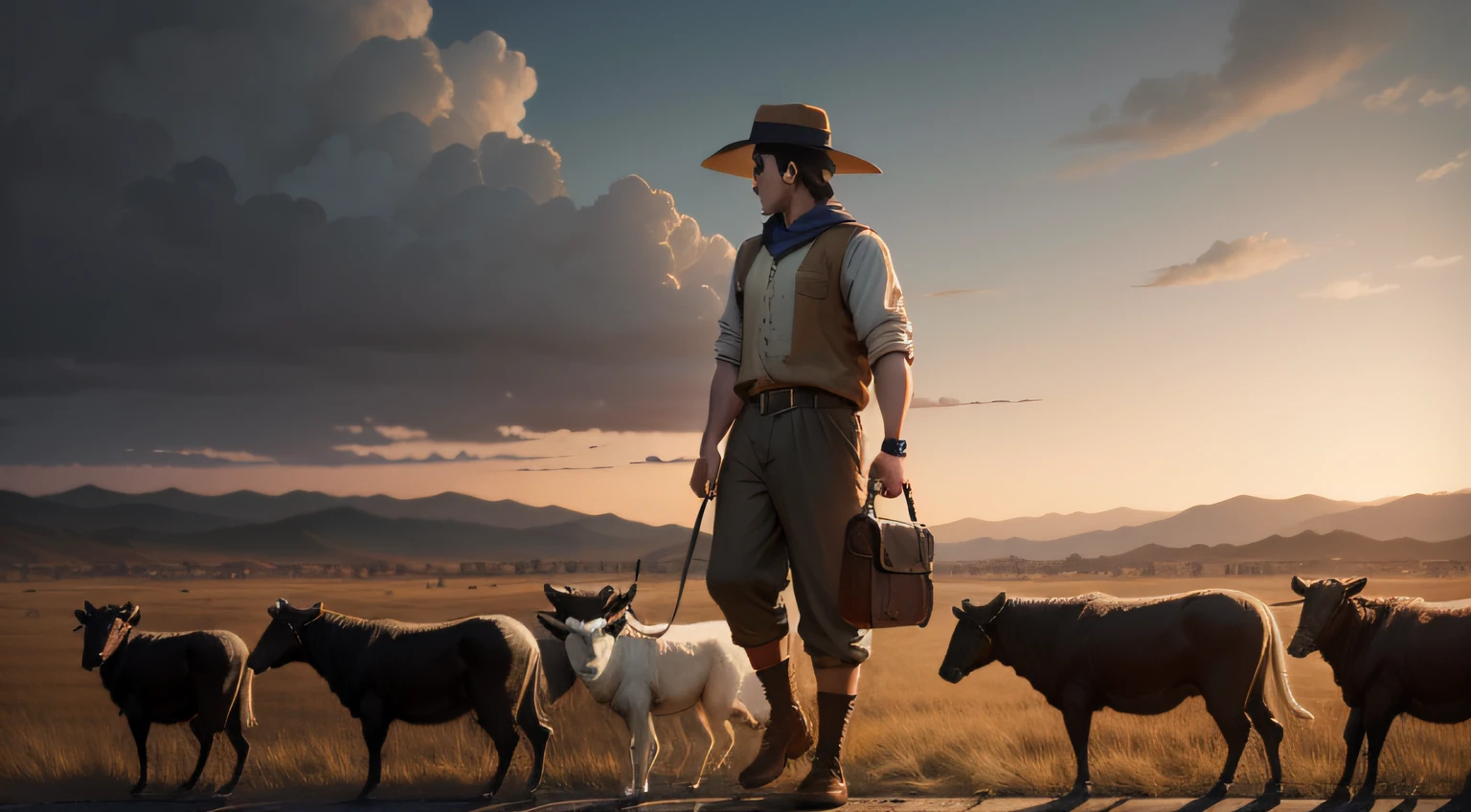 Shepherd boy herding cattle