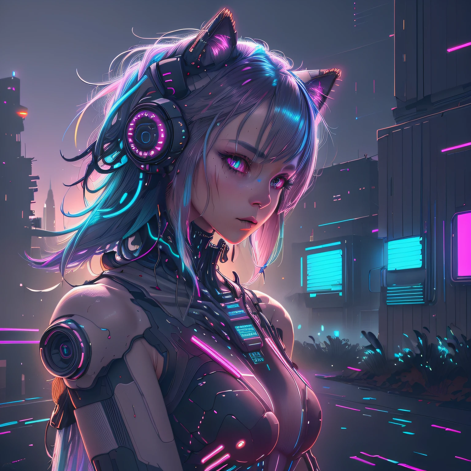 Cyberpunk AI Neon Fashion、Night Sky Neopunk Near Future City Female robot a Dog Vertical screen,scenecy,Dark color background is earth Hair fluttering in the wind Cyberpunk style portrait, Futuristic (neons: 1.1) Reflective wear, Science fiction. Altgern, Art Book, Illustration, ((dark environment)), ((Bennett)), ((nffsw)) ((Minimal color palette)), Soft tones, Soft colors, Faint color, Calm, Highly detailed pastel colors, Intricate details