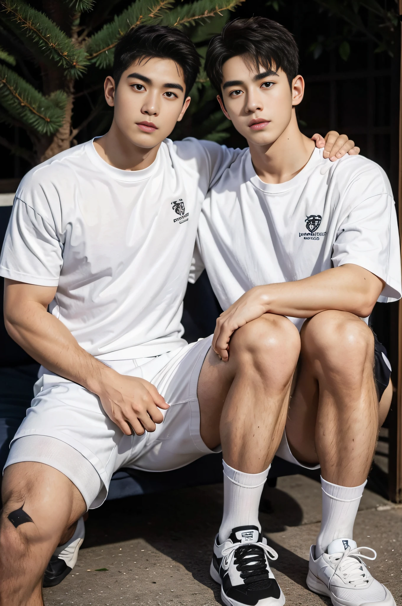2 Young people，Handsome，musculous，hairy bodies，athletic sneakers，White  socks，White sports shorts（Detailed eyes：1.3），Black eyes，full bodyesbian，