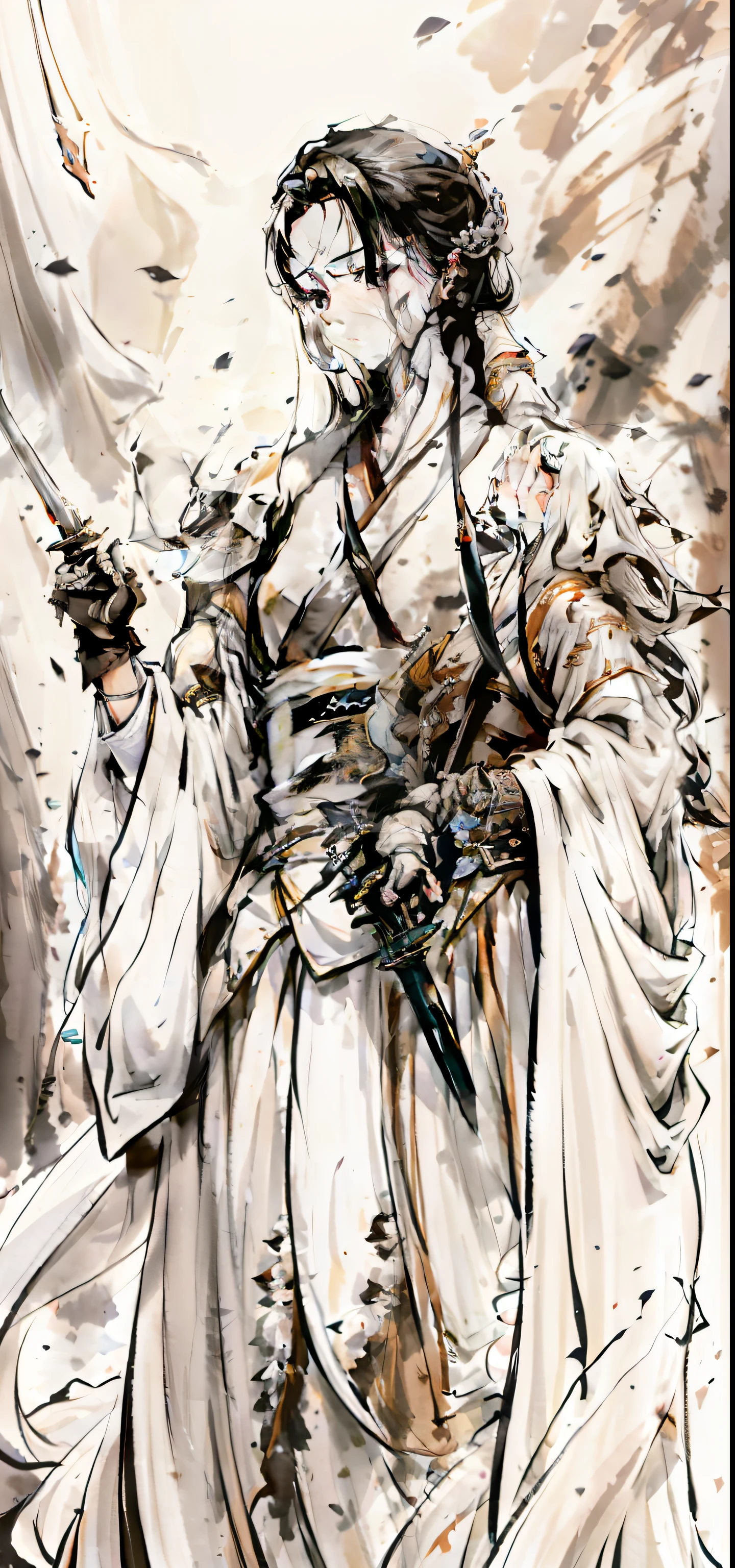 Close-up of a man in a white dress holding a sword,a character portrait by Yang J,The popularity of CGsociety,Fantasyart,beautiful character painting,Guviz-style artwork,Guvitz,white hanfu,flowing white robe,full-body wuxia,epic exquisite character art,stunning character art,Beautiful male assassin