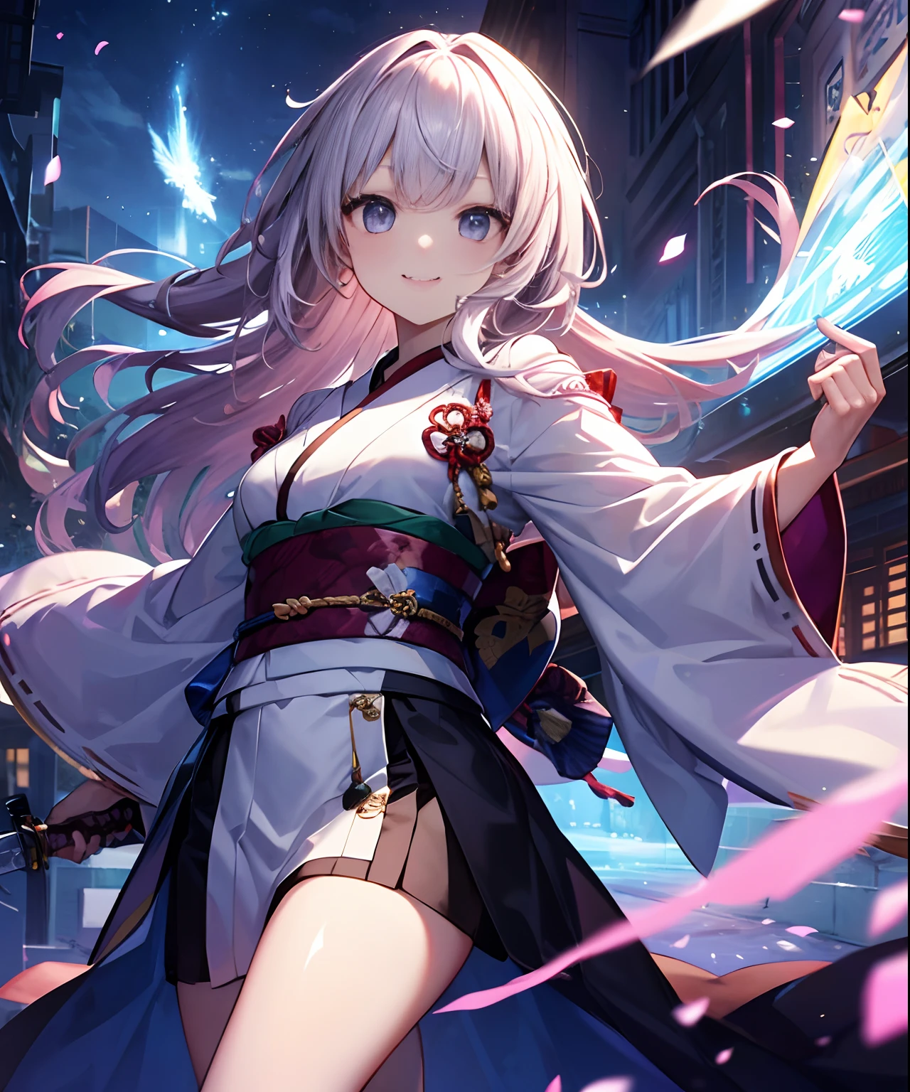 (masterpiece、top-quality)、frontage、独奏、1girl in、A smile、The long-haired、Light purple hair、Hair is disheveled、Adult、strong breeze、In nature、Holding a sword in his hand、Kimono、(1Japan sword of the book)、Straight Metal、Upholstered metal、Holding metal decoration in hand、