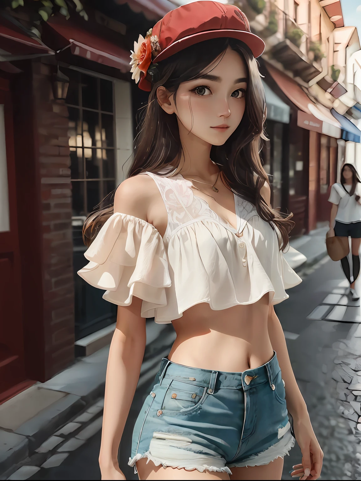 ((Best Quality, 8K, Masterpiece: 1.3)), (Flower Cap: 1.3), Focus: 1.2, Perfect Body Beauty: 1.4, Buttocks: 1.2, (Layered Haircut: 1.2)), (Dark Street: 1.3), Highly Detailed Face and Skin Texture, Full Body, Delicate Eyes, Double Eyelids, Whitened Skin, Long Hair, (Round Face: 1.5), (Loose Crop Top, Shorts: 1.6)