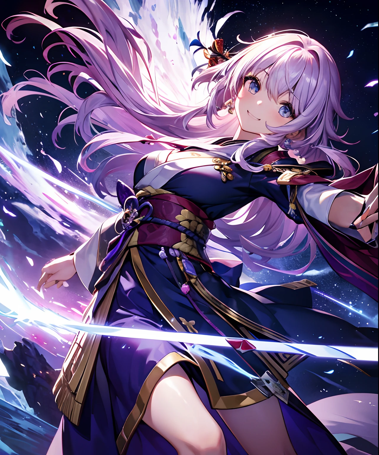 (masterpiece、top-quality)、frontage、独奏、1girl in、A smile、The long-haired、Light purple hair、Hair is disheveled、Adult、strong breeze、In nature、Holding a sword in his hand、Kimono、(1Japan sword of the book)、Straight Metal、Upholstered metal、Holding metal decoration in hand、