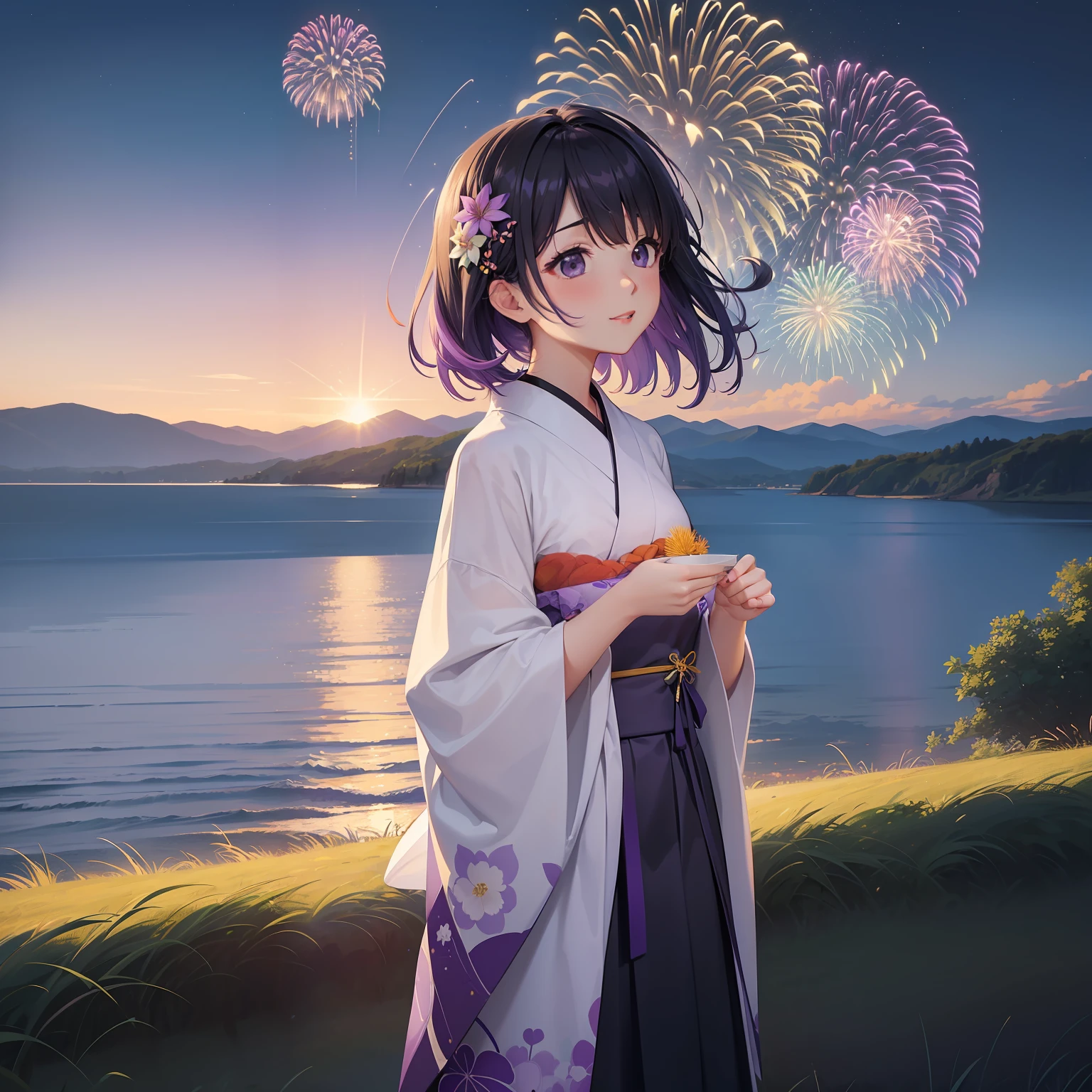 (Beautifully Aesthetic:1.2)、Looking up at the fireworks happily(1girl in:1.3)、(Colorful hair in black and purple:1.2)、Colorful day in white and purple々Wearing a grass kimono、natta、Many fireworks are set off in the night sky、Colorful fireworks、lake、Looking up at the fireworks、Landscape painting、White sun at your feet々A lot of grass is blooming、fantastic landscape、horizon、Mare、