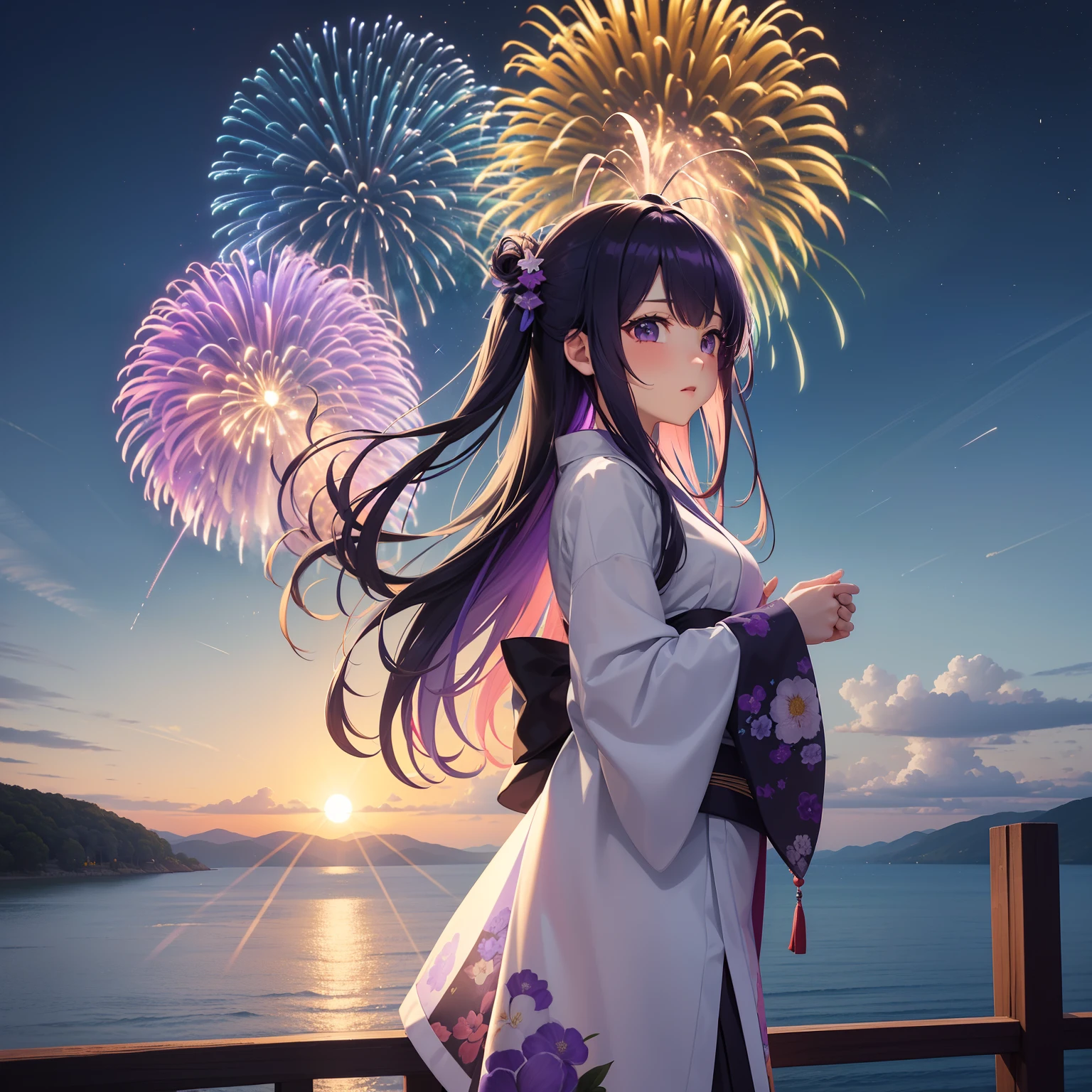 (Beautifully Aesthetic:1.2)、Looking up at the fireworks happily(1girl in:1.3)、(Colorful hair in black and purple:1.2)、Colorful day in white and purple々Wearing a grass kimono、natta、Many fireworks are set off in the night sky、Colorful fireworks、lake、Looking up at the fireworks、Landscape painting、White sun at your feet々A lot of grass is blooming、fantastic landscape、horizon、Mare、