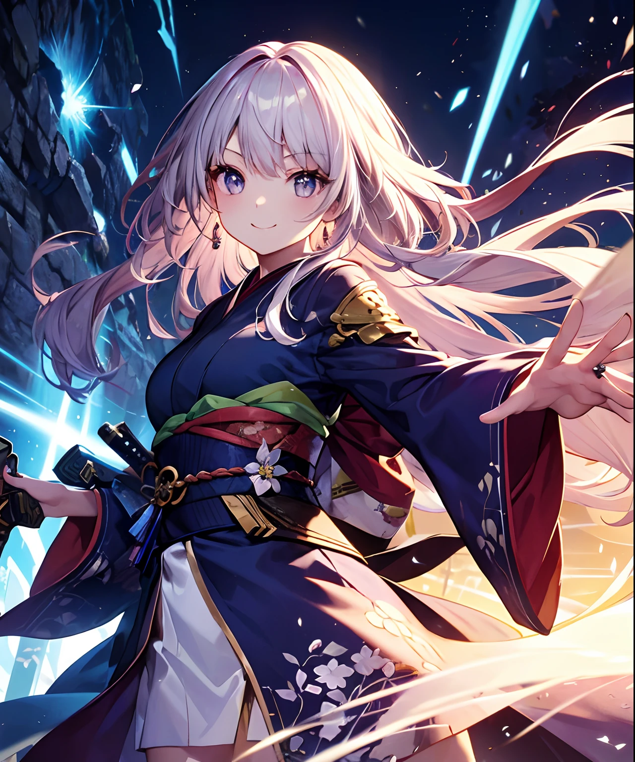 (​masterpiece、top-quality)、frontage、独奏、1girl in、A smile、The long-haired、Light purple hair、Hair is disheveled、Adult、strong breeze、In nature、Holding a sword in his hand、Kimono、（１Japan sword of the book）、Straight Metal、Upholstered metal、Holding metal decoration in hand、