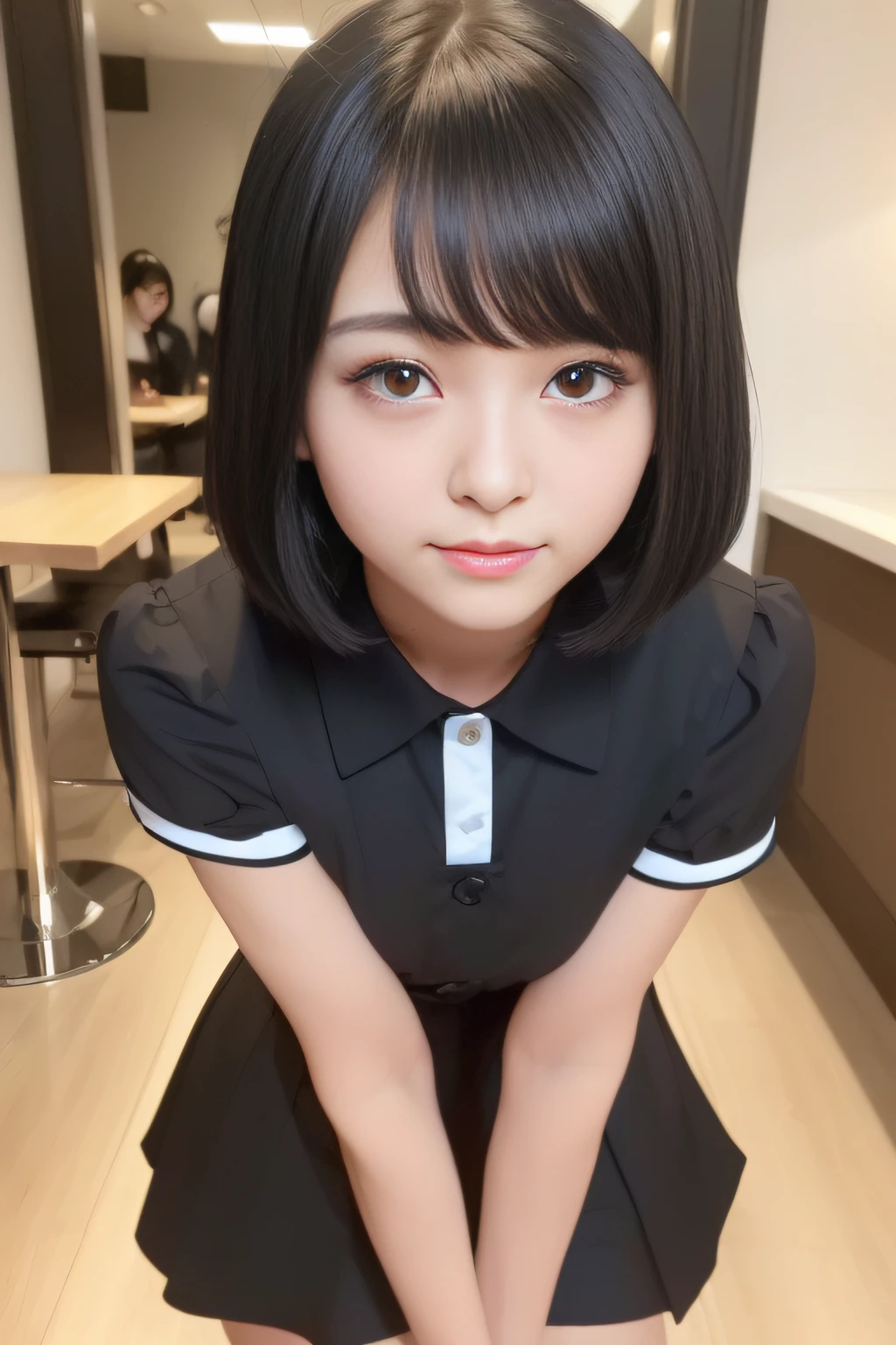 (reallistic、Photorealsitic)、masterpiece、top-quality、超A high resolution、The reflection is beautiful、extremely delicate and beautiful、Full body posture、(photographrealistic:1.4)、(((1girl in)))((1girl in、de pele branca、close up of face、A detailed face、The most realistic face、25-years old、adult-like、spotless、cute little、detailedeyes、pretty black hair、Glossy black hair、bobhair_cut、Medium bust))、(Waitress uniform、a miniskirt)、Foot emphasis、(innocent smiles)、inside restaurant、sexypose