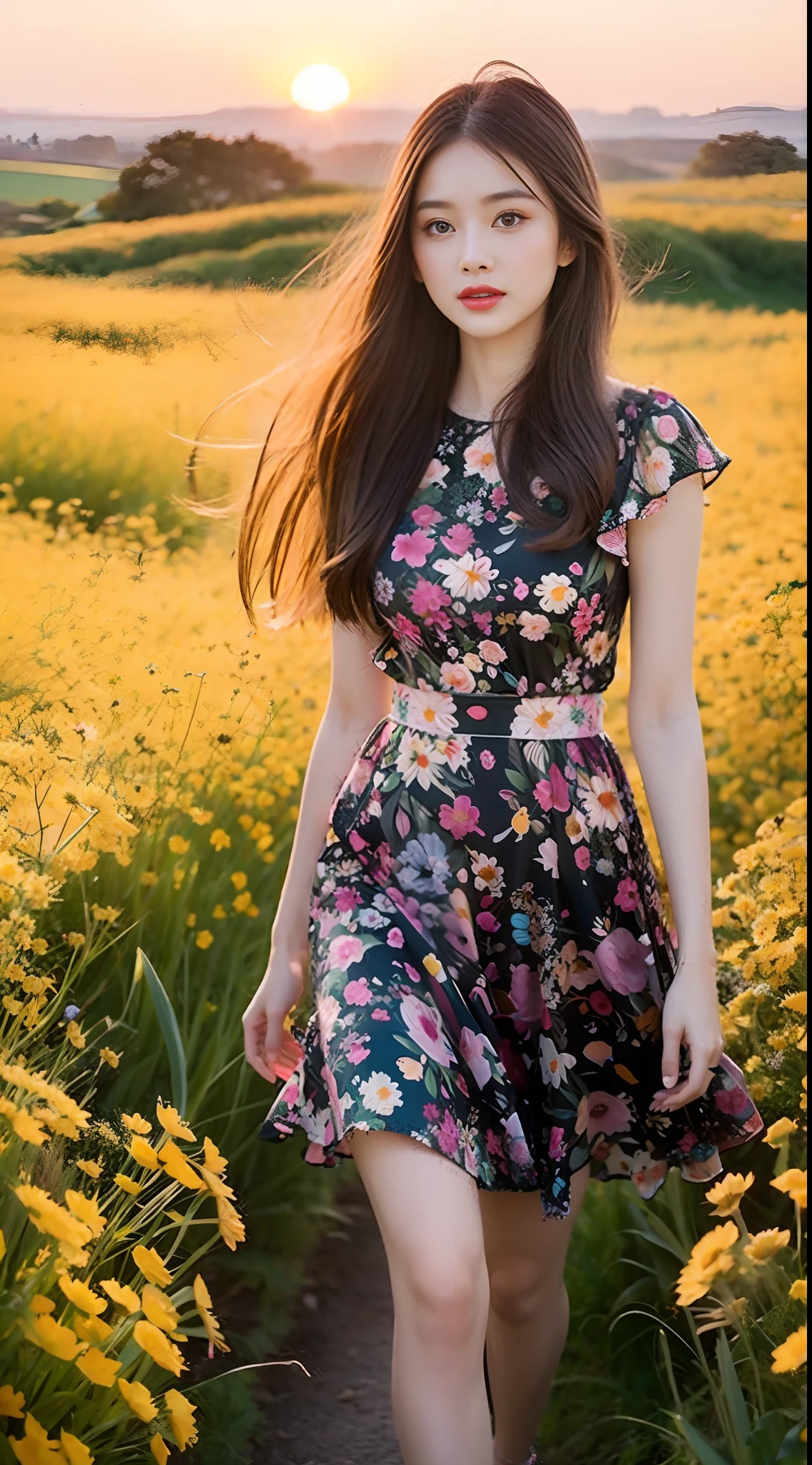 AI beauty wearing floral print dress、Walk in the wind in a field of sunset flowers。