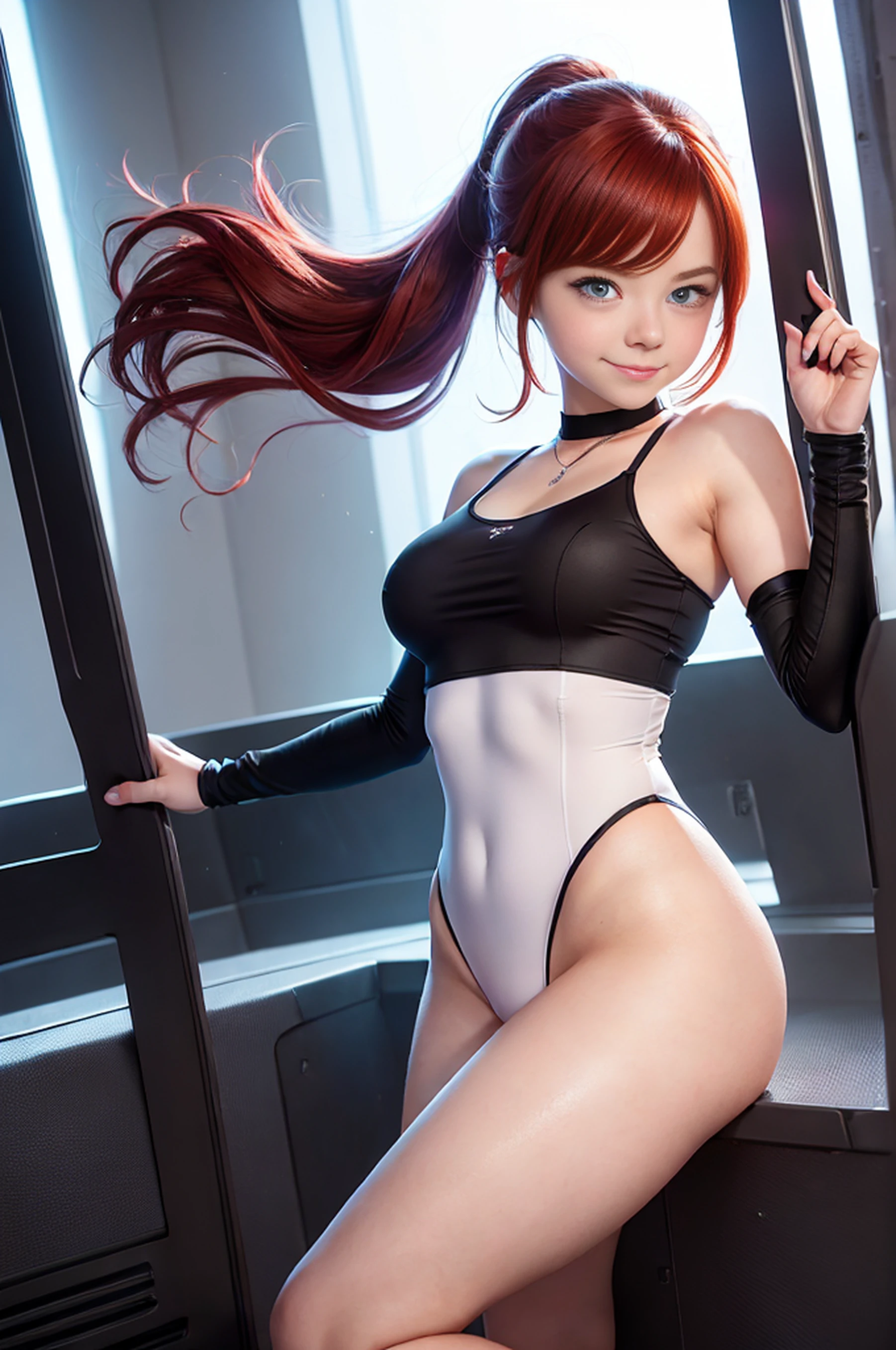 Anime girl with long black hair and white shirt and black skirt, oppai, Kantai Collection Style, Ecchi anime style, Seductive Anime Girl, anime moe art style, Teasing smile, (SFW) safe for work, a hyperrealistic schoolgirl, shikamimi, kancolle, Bottom Angle, heavy gesture style closeup, Teenage Korean girl in her 20s, Lush eyelashes, Purple Lace Bralette, Diamond Choker, huge size. (8K, Best Quality : 1.2), (masutepiece, Photorealistic : 1.3), Super Detail, Anatomically correct, (Best Quality),(masutepiece),(ultra-detailliert),(high detal),(Extremely detailed),Red + Ultra HD ++ prologue + Ethereal + Art Book + lifelike textures, 1 girl, Solo, (Cute -yeld read Emma Stone twintails), Ukrainian, multiple (Light iridescent hair: 1.2), ((Perfect body: 1.6)) (Beautiful detailed eyes: 1.6), (Realistic eyes in the photo: 1.6), (Ice Blue, "Emma Stone" Type, Eyes: 1.6), happy and smiling, (The body of a petite gymnast), ((Gymnast's body, Beautiful full round breasts, small head, Dainty hands: 1.6)), (Cute pose of shy), (pale white skin), ((Pastel Purple Cotton Leotard: 1.6)), with (Smooth span leotard: 1.6), (Dark, Tron style background), Hi-Tech, (wide-angle lens), ((Very dark sky)), Futuristic city, photographrealistic, Hyper Detailed.