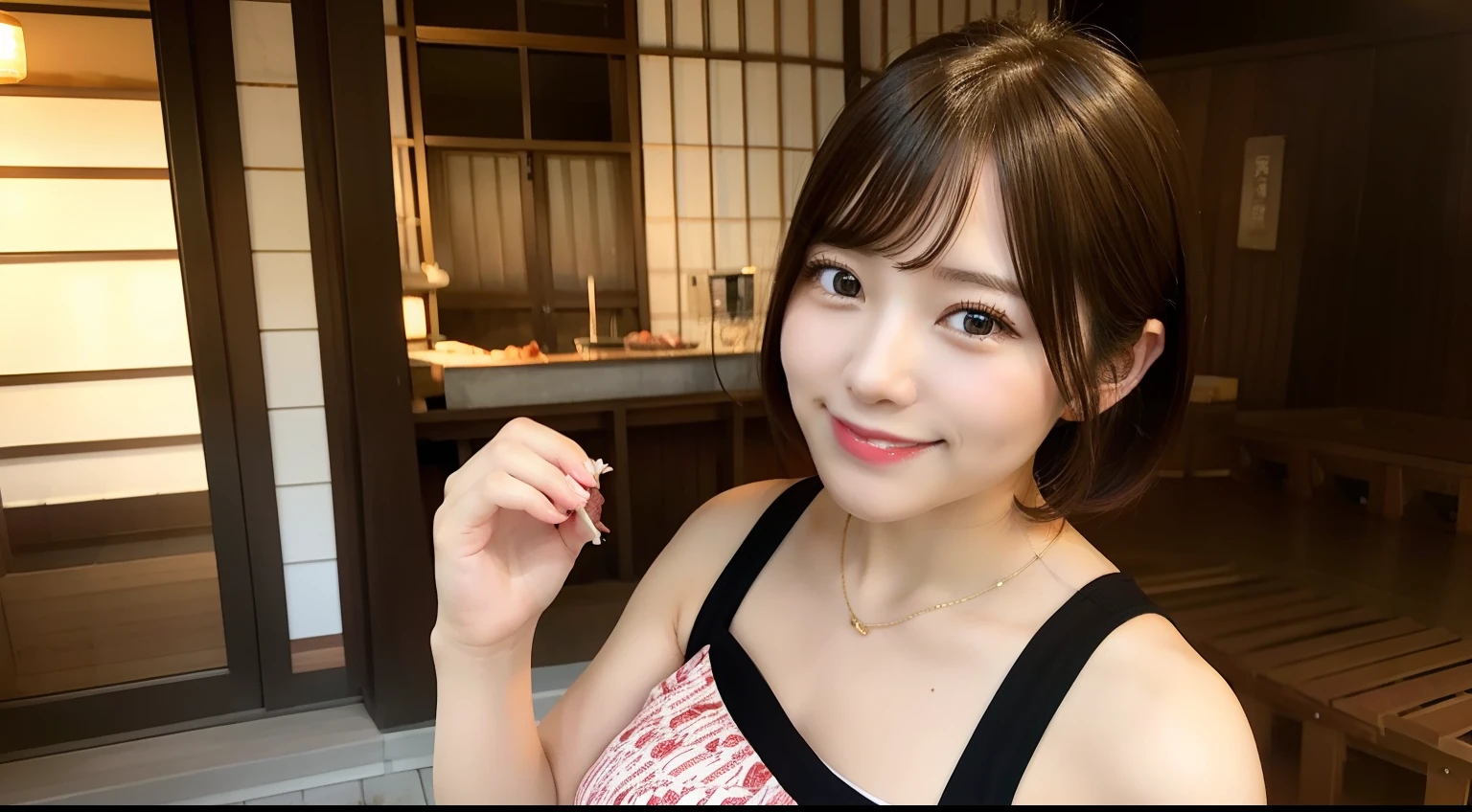 Barbecue venue、A Japanese Lady、huge tit、short-hair、Sexy Smile、Eye color is black、Eating meat
