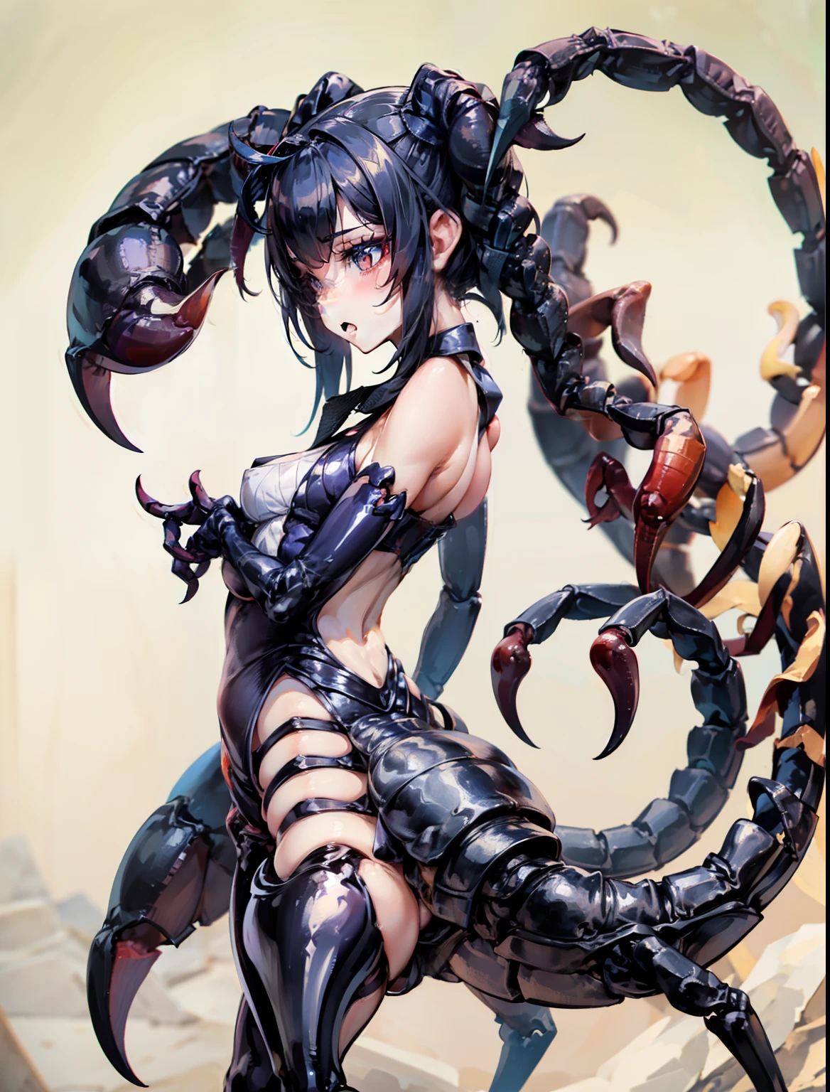 Beautiful girl fused with a scorpion。((Scorpion tail))。。body wrapped in a hard shell。Insect paws from behind。Both hands become scissors。Girl with a tail。Turn your body towards us。