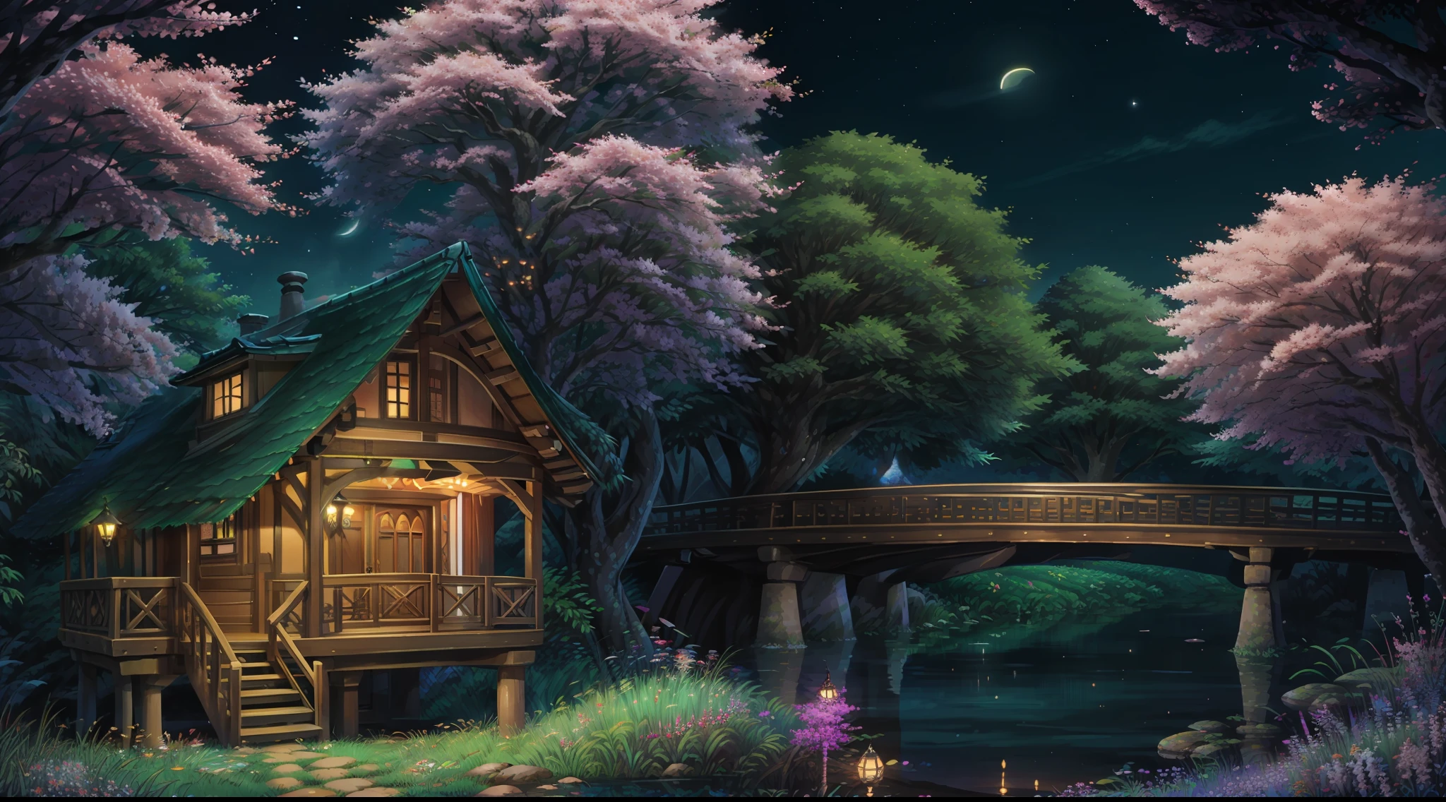 (When arriving on the planet Pandora,the night,Towering trees(tree house),Magnificent wooden bridge,Lush peach blossom trees,lawns,Extremely colorful,with dynamism、...... In this "arcadia"