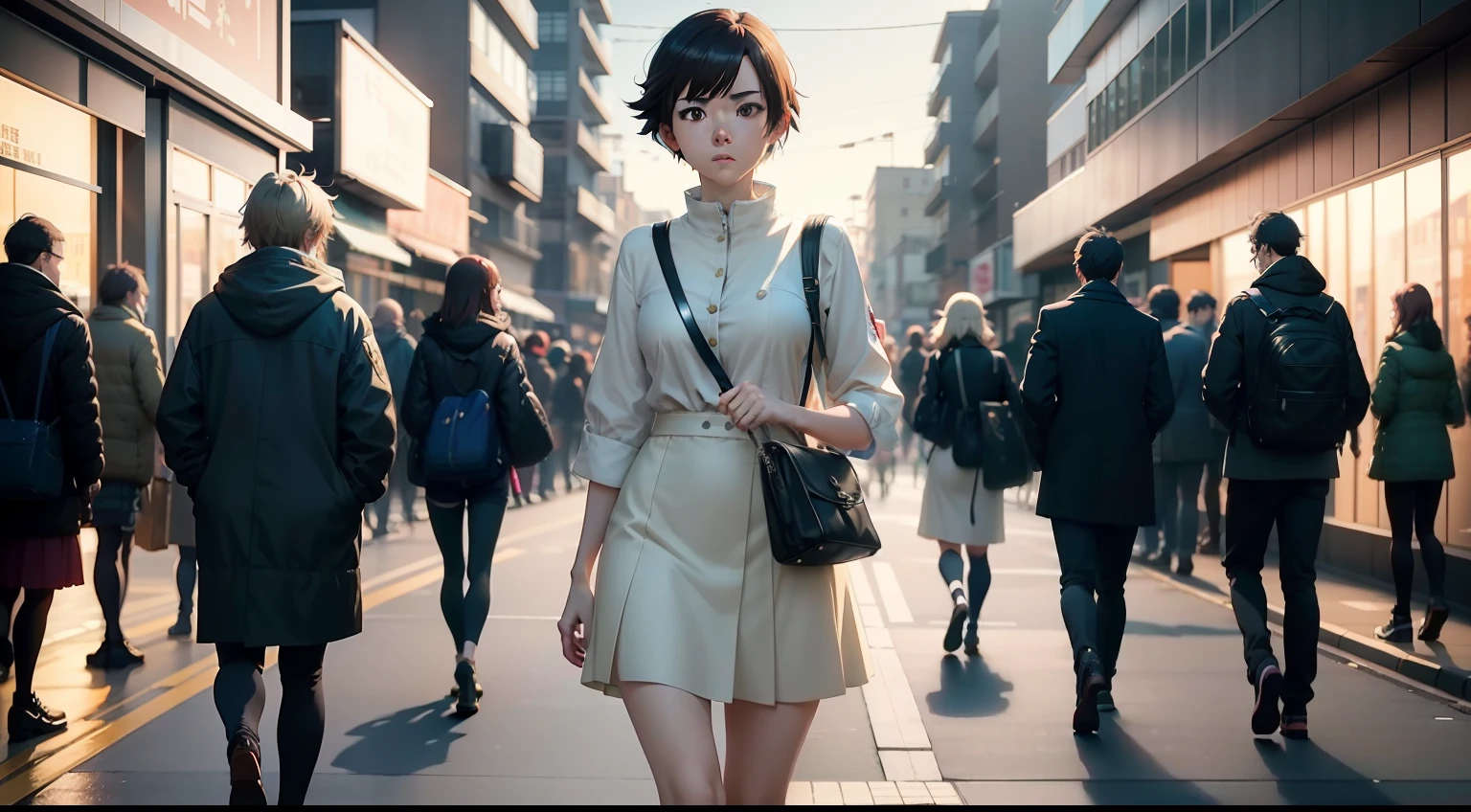 Anime girl wearing bag and purse, walking on busy street, early morning street scene, expression surprised, suddenly saw an acquaintance, realistic 3D anime style, young woman anime visual, Lofe girl in Shinkai Makoto style, makoto shinkai style art praise, anime-like movie poster stills, 8K Shinkai Makoto art style.