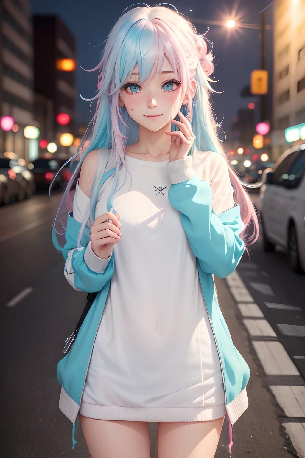 multicolored hair, white hair, light blue hair, long hair, aqua eyes, smile, blush, shy, heart in eye, nose blush, modern, anime style, sparkle, ray tracing, UHD, textured skin, 4K, highres, best quality,Without underwear,soaked pubic hair