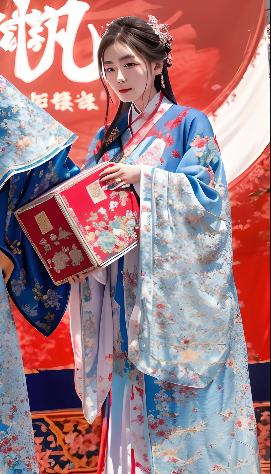 An Alafi woman in a blue dress holds a red box, Xianxia, Wearing a luxurious silk cloak, Palace , A girl in Hanfu, jia, White Hanfu, Hanfu, Wearing ancient Chinese clothes, shaxi, Chinese costume, Yun Ling, lulu chen, China, wearing long silver robes, Daoism, xue han