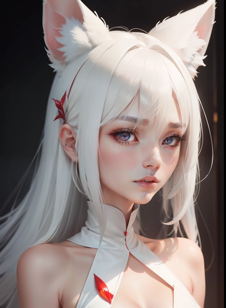 White silk animal ear lady two-dimensional white hair red eyes