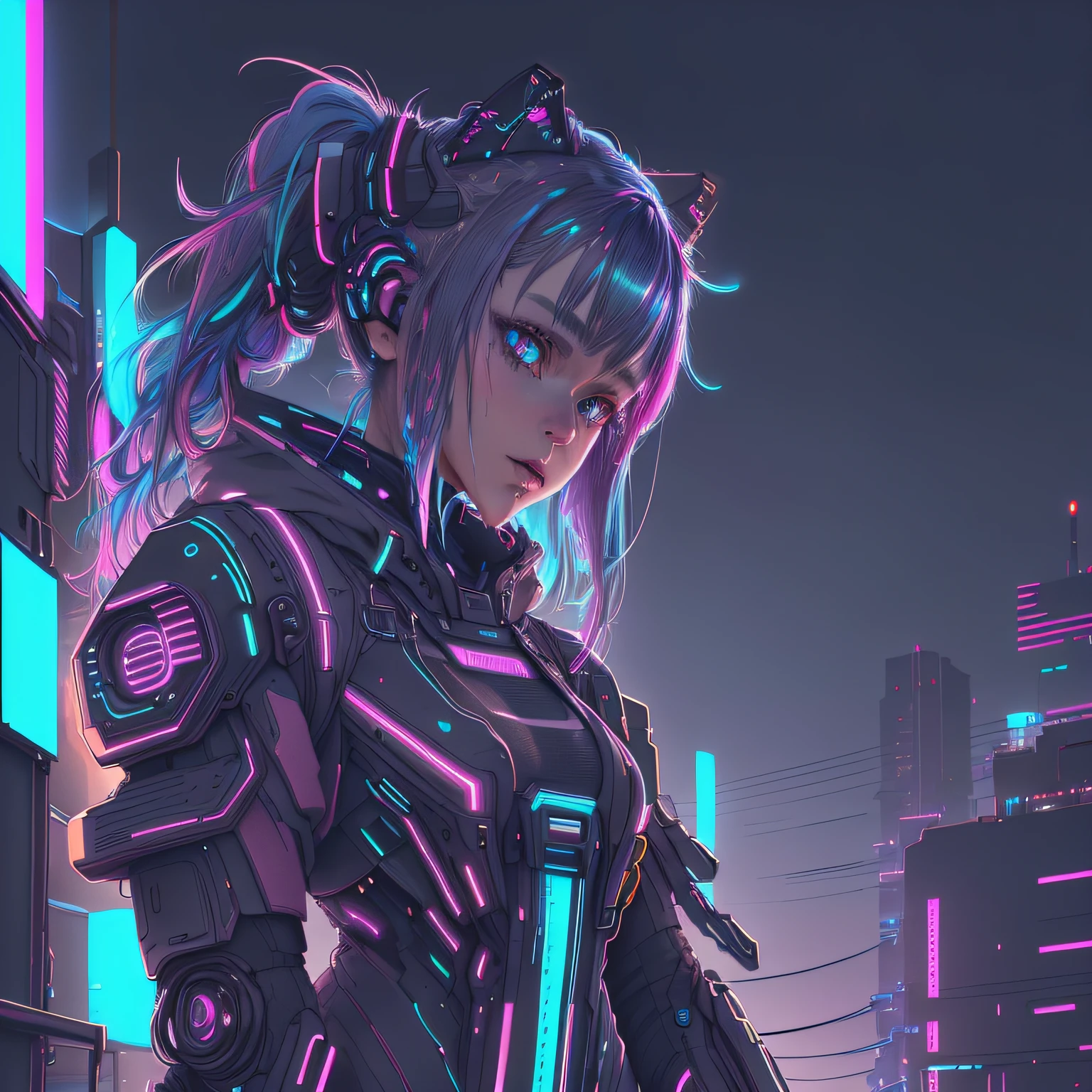 Cyberpunk AI Neon Fashion、Night Sky Neopunk Near Future City Female robot a Dog Vertical screen,scenecy,Dark color background is earth Hair fluttering in the wind Portrait in cyberpunk style, Futuristic (neons: 1.1) Reflective wear, Science fiction. Altgern, Art Book, Illustration, ((dark environment)), ((Bennett)), ((nffsw)) ((Minimal color palette)), Soft tones, Soft colors, Faint color, Calm, Highly detailed pastel colors, Intricate details
