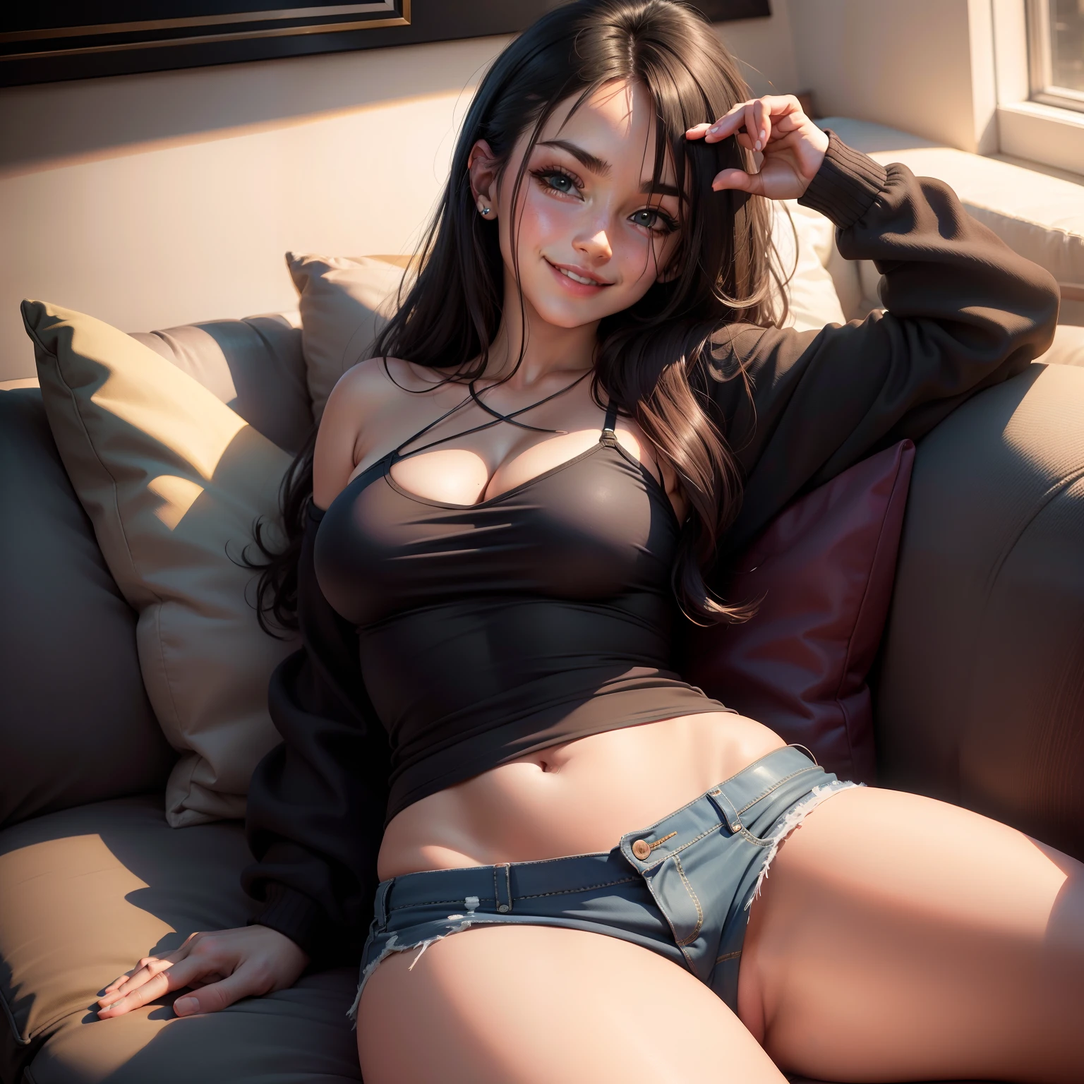 RAW photos,Put your hands in your pants,1girll,on a sofa,crossed legs,tmasterpiece,Hefty Smile,tit