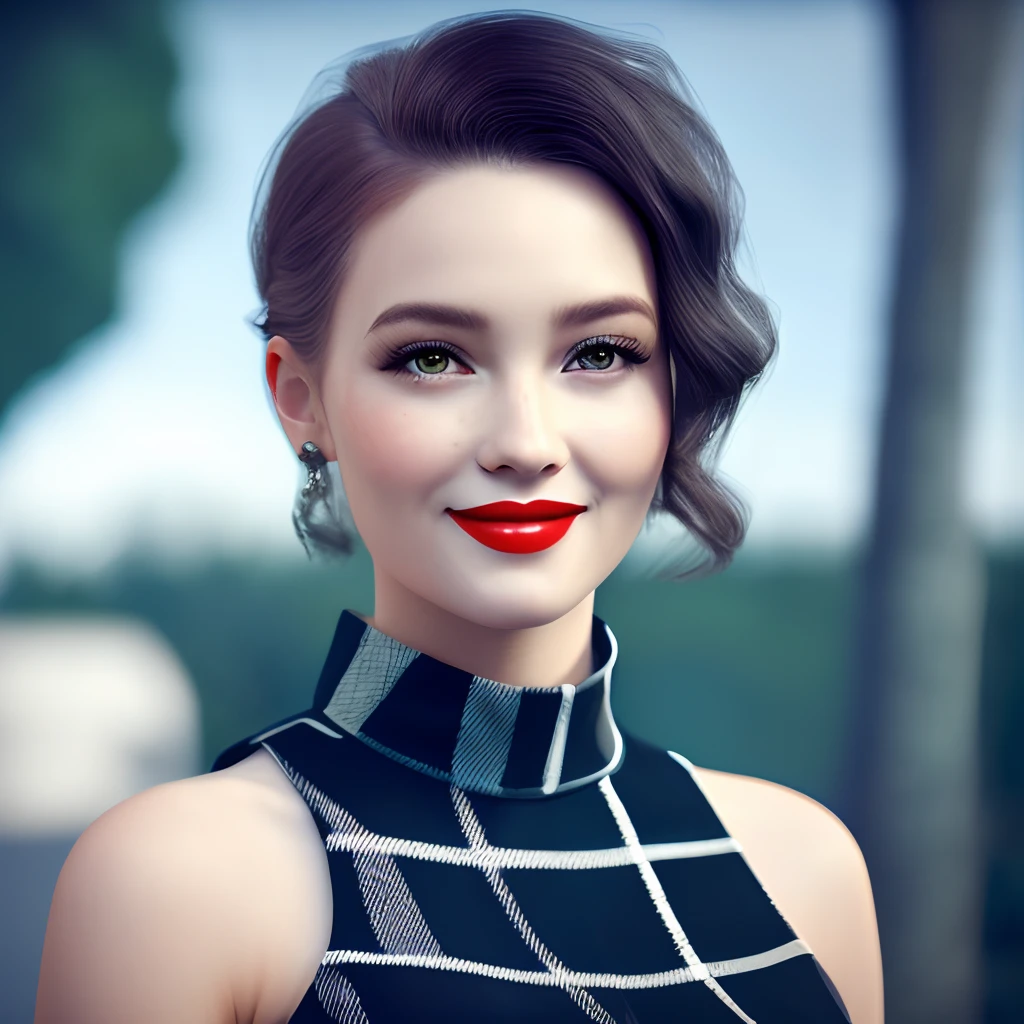 (printed plaid dress),(bare shoulders),1 girl,(full body),(stiletto heels),(short hair:1.1),(realistic:1.7),((best quality)),absurdres,(ultra high res),(photorealistic:1.6),photorealistic,octane render,(hyperrealistic:1.2), (photorealistic face:1.2), (8k), (4k), (Masterpiece),(realistic skin texture), (illustration, cinematic lighting,wallpaper),( beautiful eyes:1.2),((((perfect face)))),(cute),(standing),(smile:0.9),(black hair),(long hair),black eyes,red lips, (outdoors),