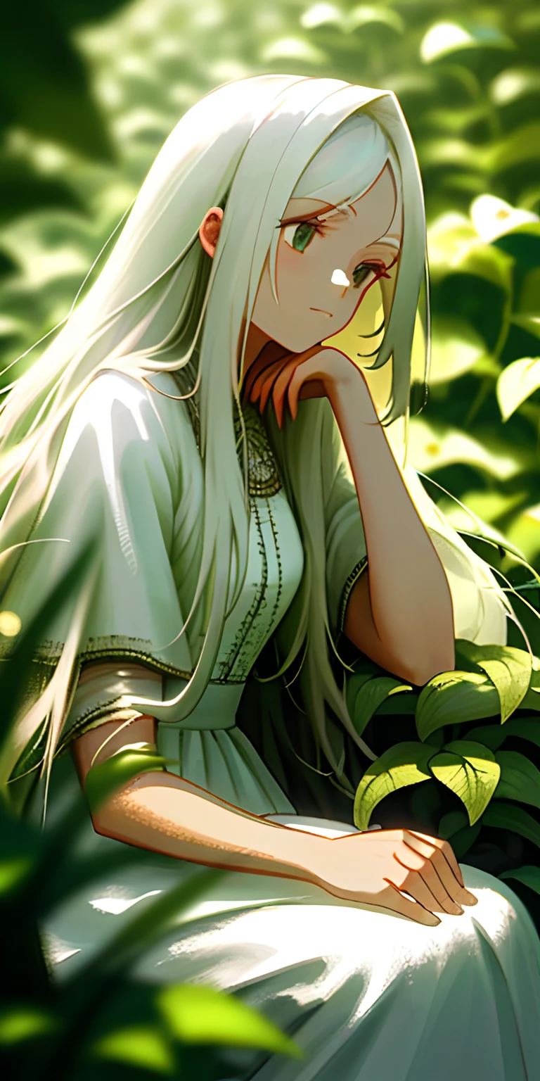 (masterpiece, best quality),1girl with long white hair sitting in a field of green plants and flowers, her hand under her chin, warm lighting, white dress, blurry foreground