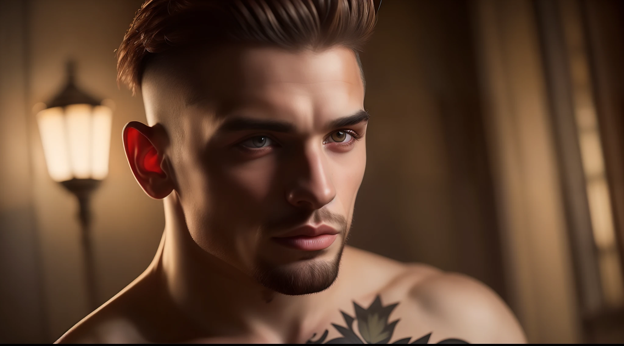 A close-up photorealistic portrait of  a muscular gay man have scars and tattoos, very handsome man. In the style of Rembrandt, this scene is rendered in a dramatic and shadowy style. The camera type is a portrait lens, with the view perspective from a low angle. The time of day is early evening, and the lighting effects are moody and dark, with a gritty atmosphere.