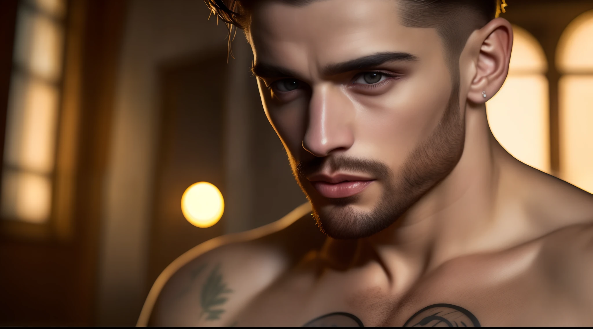 A close-up photorealistic portrait of  a muscular gay man have scars and tattoos, very handsome man. In the style of Rembrandt, this scene is rendered in a dramatic and shadowy style. The camera type is a portrait lens, with the view perspective from a low angle. The time of day is early evening, and the lighting effects are moody and dark, with a gritty atmosphere.