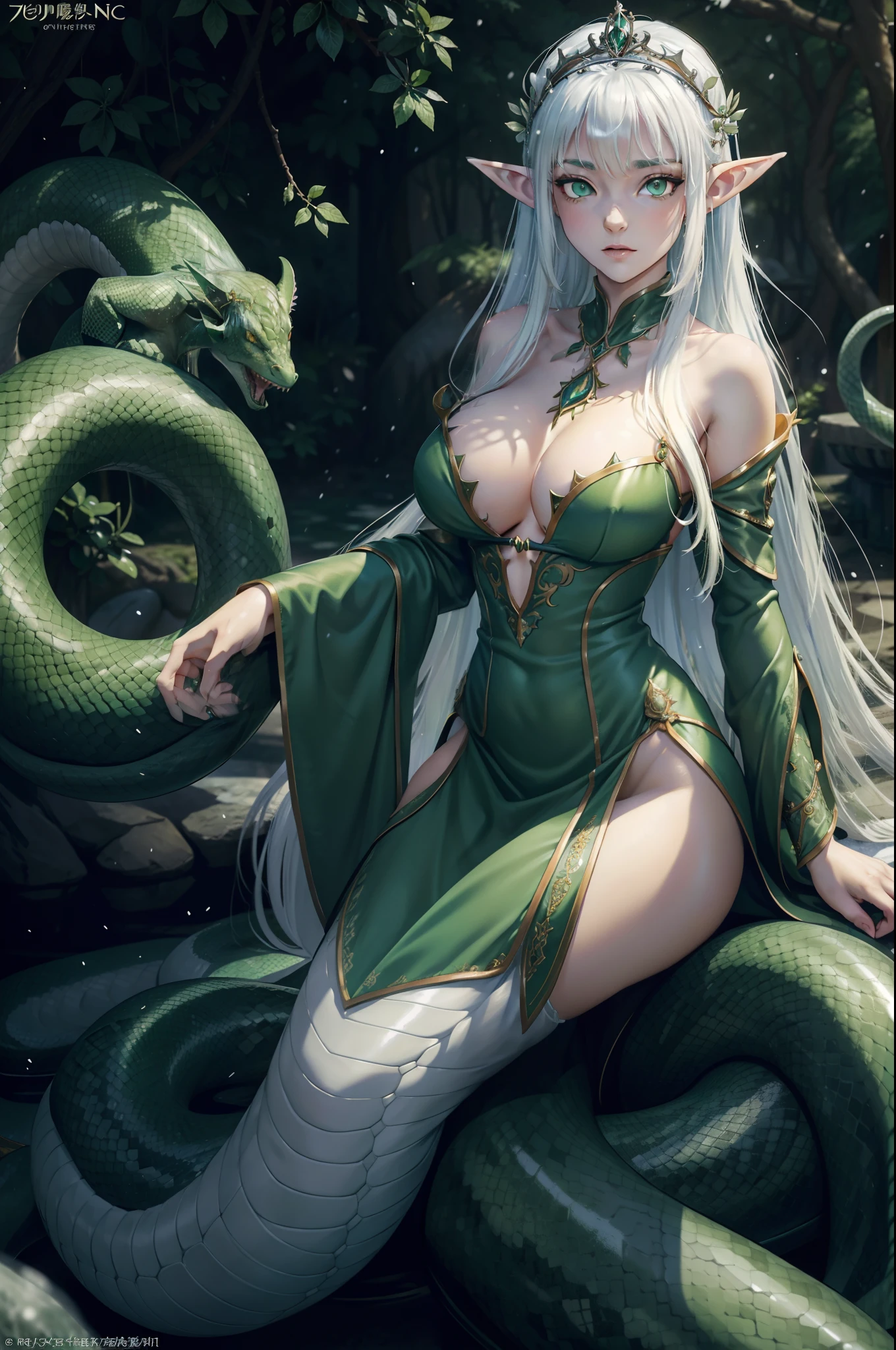 tmasterpiece）， （absurderes， A high resolution， super detailing）， 动态照明， blur backgroun， beauitful face， That's great， the elf， the elf， A woman who is， Mature woman， Age waves long hair， silber hair， Green eyes， Separate bangs， circle of the crone， little breast， Detailed eyes and detailed face， extremely detailed CG unified 8k wallpaper， Complicated details， Audience view， 独奏， The upper part of the body， detailedbackground， The upper part of the body， 详细的脸， （Gothic dark age theme：1.5），crystal sorcerer，Nature-themed clothing，Green legal robe，Glowing magic shards，Green magic crystal，a throne，Audience room，Magic floating particles，Wind magic，Magnificent ethereal atmosphere，Updraft，sportrait，attractiveness）），armour，Nine tails，opulent，Pure，A princess，a queen，Charming，Snow fox，Snow Woman，high and cold，long whitr hair，Green eyes，Snake woman，opulent，Pure，elvish ears，pointy-eared，big breasts exposed cleavage，，Charming，年轻，Snow-white skin，Open your legs，Open your legs，Open your legs，Open your legs，Open your legs，Open your legs，blacksilk，Erotic lingerie，Gothic，female pervert，Human heads and snakes，long whitr hair，Green eyes，snake woman，opulent，Pure，crouched，hands raised overhead，Side of the character，A queen，binding，ornate garment，enchanted，Snake demon，Snake spirit，Squat，lie on one's side，Open your legs，Brook baths naked，ray of sunlight，The lake is clear，4k画质，Reflection in the water，Human heads and snakes，long whitr hair，Green eyes，snake woman，opulent，Pure，elvish ears，pointy-eared，big breasts exposed cleavage，Charming，年轻，Snow-white skin，Full body picture retro，（Best images），（aquarelle），（（Mattire）），（（Mucha）），（thick contours），（（beauitful face）），Smooth lines，（A high resolution，super detailing），the elf，1个Giant Breast Girl，28 year old，being thin，being thin，straight long hair，Beautiful silver hair，greene eyes，Parted bangs，Hair swaying in the wind，simple tiara，White skin，Front and upper body，standing on your feet，Stunning green queen dress，armour，鎖骨， Geometric patterns，（florals），frontage，Hand down，Soft air，seriu