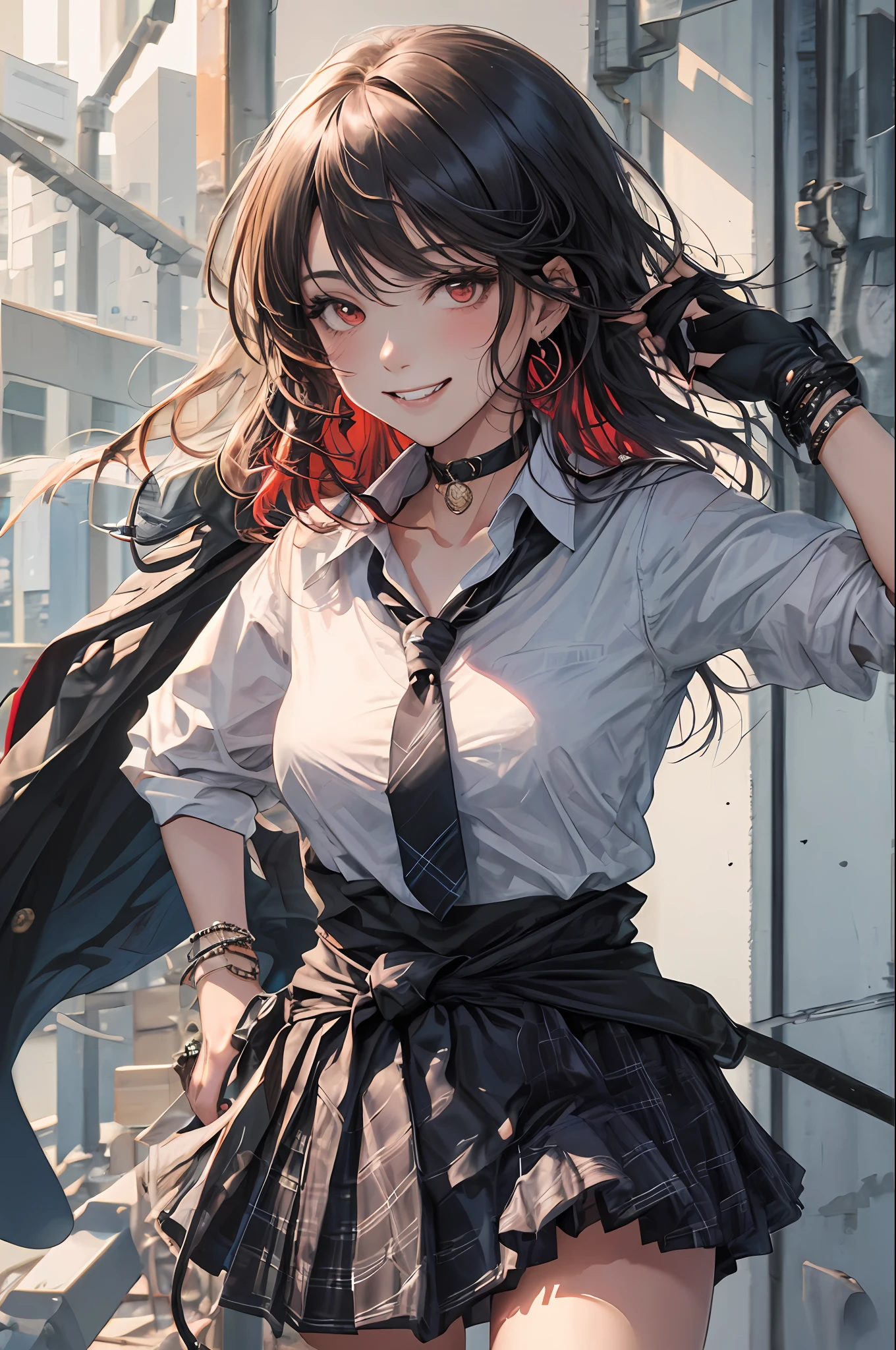 masterpiece, best quality, full body, 1girl, bangs, black choker, black necktie, black hair, blue skirt, blush, bracelet, breasts, choker, clothes around waist, collarbone, collared shirt, cowboy shot, dress shirt, ear piercing, eyebrows visible through hair, gradient hair, grin, gyaru, jewelry, kogal, long hair, looking at viewer, loose necktie, necktie, piercing, plaid, plaid skirt, pleated skirt, red eyes, ring, school uniform, shirt, skirt, smile, solo, white shirt, street, sky, cherry blossoms, petals,illustration, (magazine:1.3), (cover-style:1.3), fashionable, woman, vibrant, outfit, posing, front, colorful, dynamic, background, elements, confident, expression, holding, statement, accessory, majestic, coiled, around, touch, scene, text, cover, bold, attention-grabbing, title, stylish, font, catchy, headline, larger, striking, modern, trendy, focus, fashion,