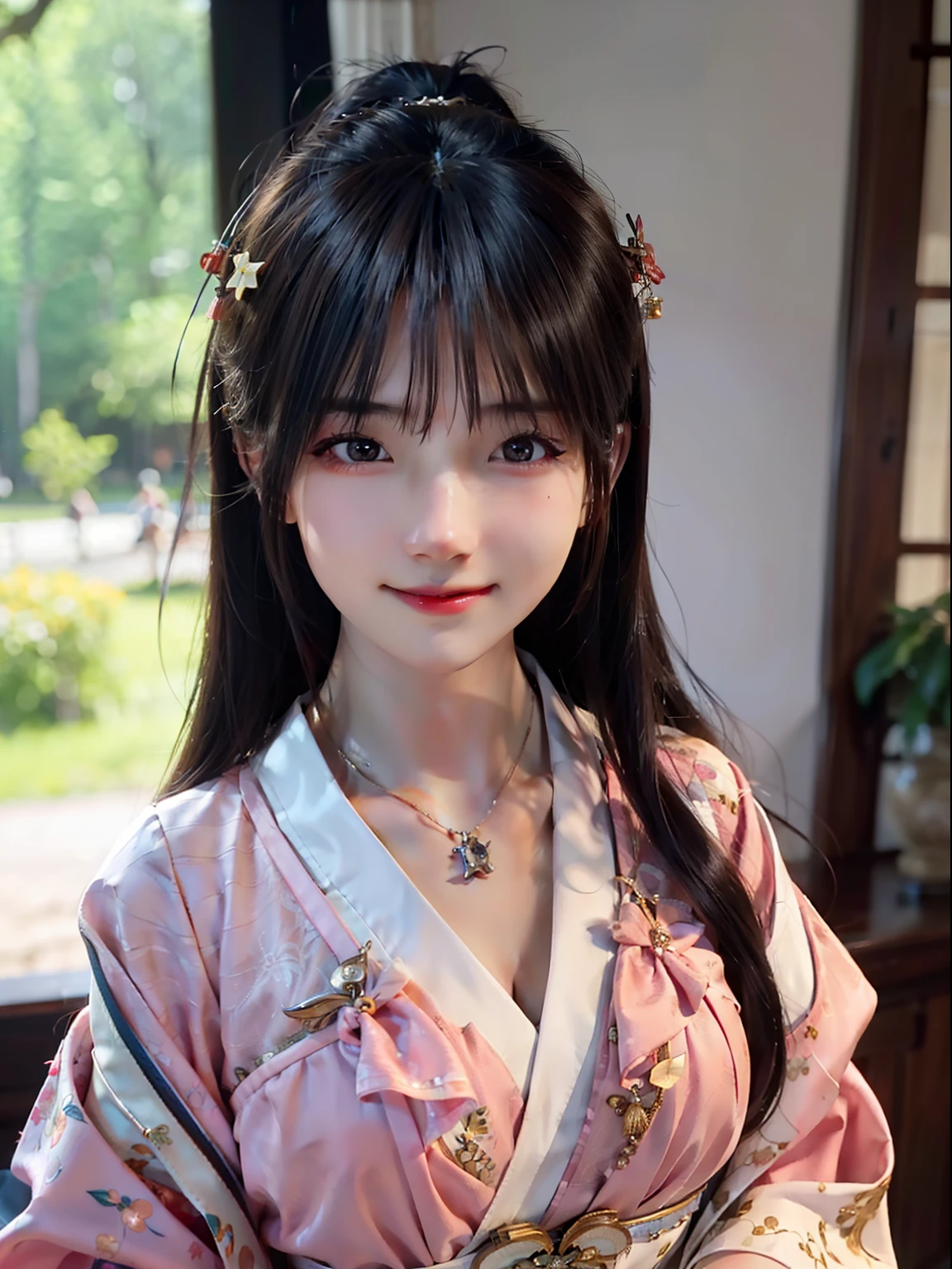 best quality, masterpiece, highres, 1girl,blush,(seductive smile:0.8),star-shaped pupils,china hanfu,hair ornament,necklace, jewelry,Beautiful face,upon_body, tyndall effect,photorealistic, dark studio, rim lighting, two tone lighting,(high detailed skin:1.2), 8k uhd, dslr, soft lighting, high quality, volumetric lighting, candid, Photograph, high resolution, 4k, 8k, Bokeh