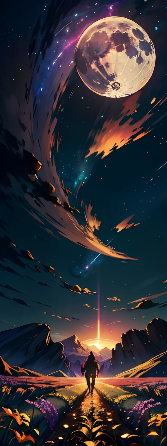 A wide landscape photo, (viewed from below, the sky is above, and the open field is below), a girl standing on a flower field looking up, (full moon: 1.2), (meteor: 0.9), (nebula: 1.3), distant mountains , Trees BREAK Crafting Art, (Warm Light: 1.2), (Firefly: 1.2), Lights, Lots of Purple and Orange, Intricate Details, Volumetric Lighting BREAK (Masterpiece: 1.2), (Best Quality), 4k, Ultra Detailed, (Dynamic Composition: 1.4), Rich in Detail and Color, (Rainbow Color: 1.2), (Glow, Atmospheric Lighting), Dreamy, Magical, (Solo: 1.2)