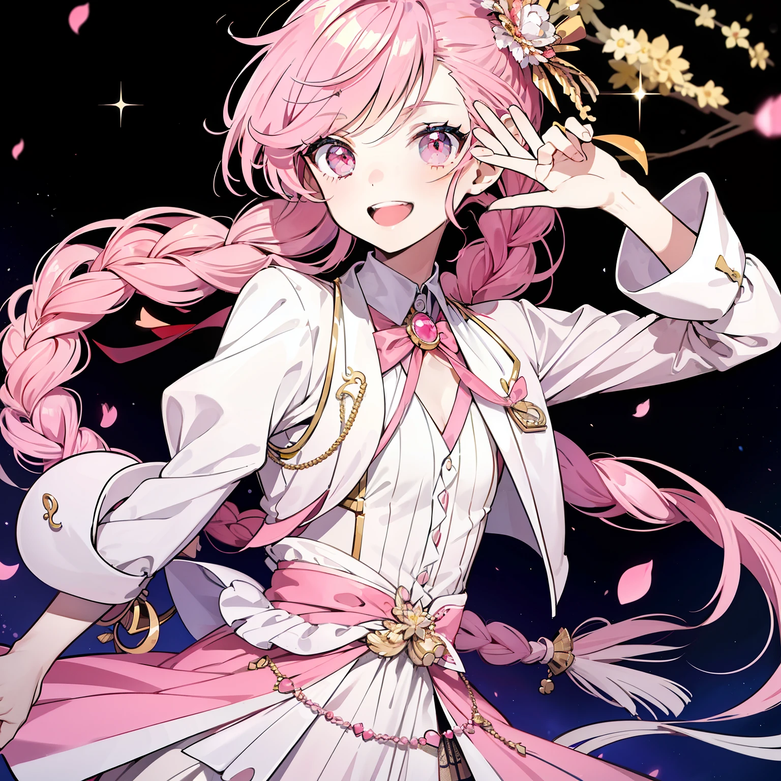(Masterpiece, Best quality:1.2)1girll,solo person,baby pink hair,long whitr hair,Double braid,Crimson eyes,cheerful,ssmile,Hit the singing suit,idoly,Bow knot