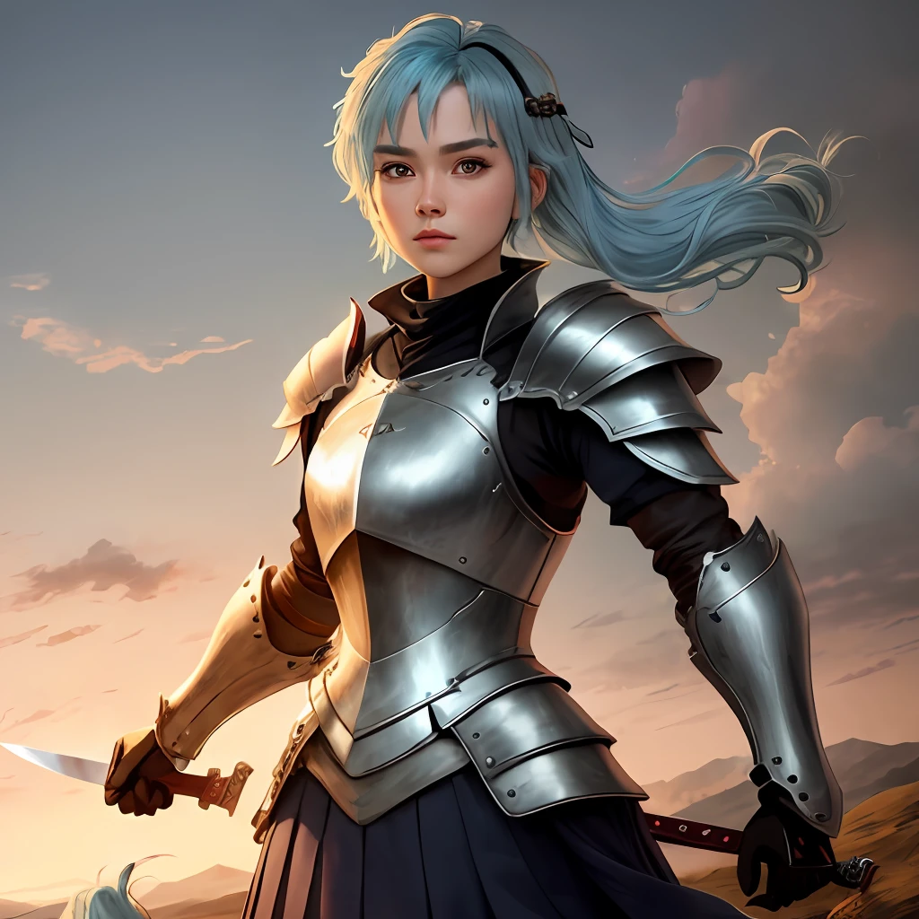 blue hairs,knifes,horse tailed,armour,a skirt