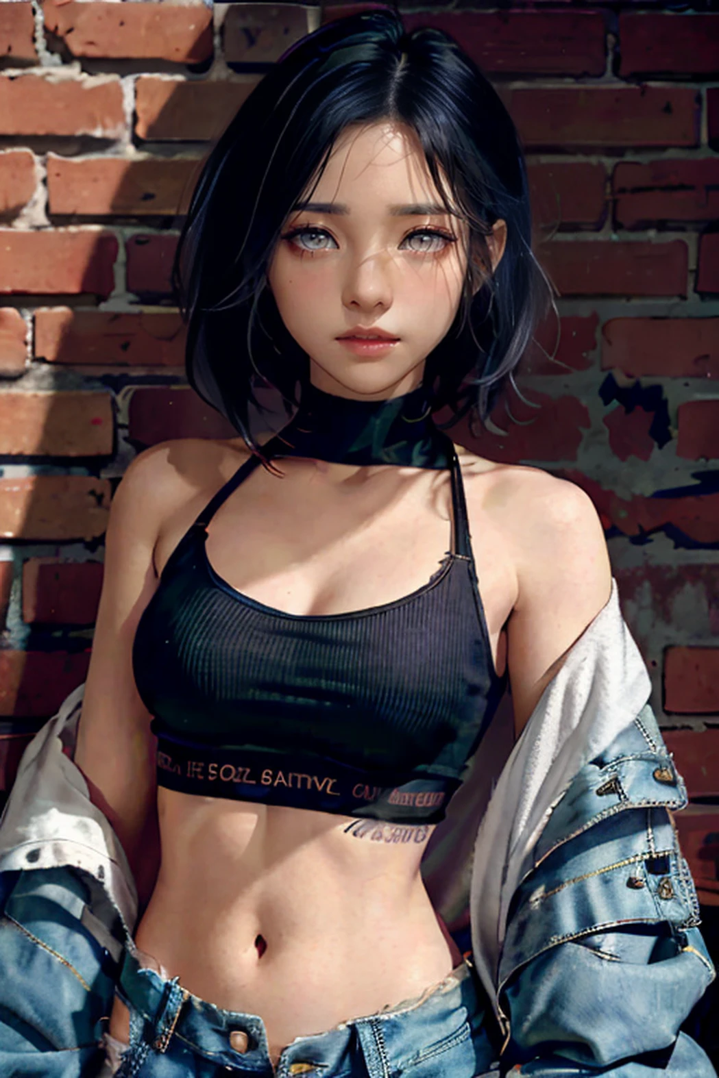 best quality, upper body,intricate details, chromatic aberration,1girl, pixie hair, black hair, messy hair, cinematic lighting, gothic makeup, sharp eyes,white eyes,croptop, torn jeans legwear, open jacket,against wall, brick wall, graffiti, dim lighting, alley