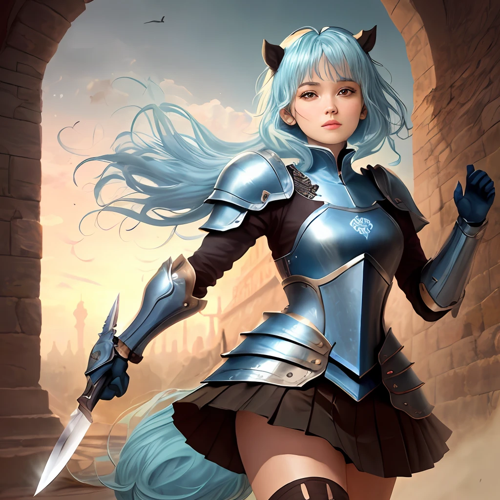 blue hairs,knifes,horse tailed,armour,a skirt