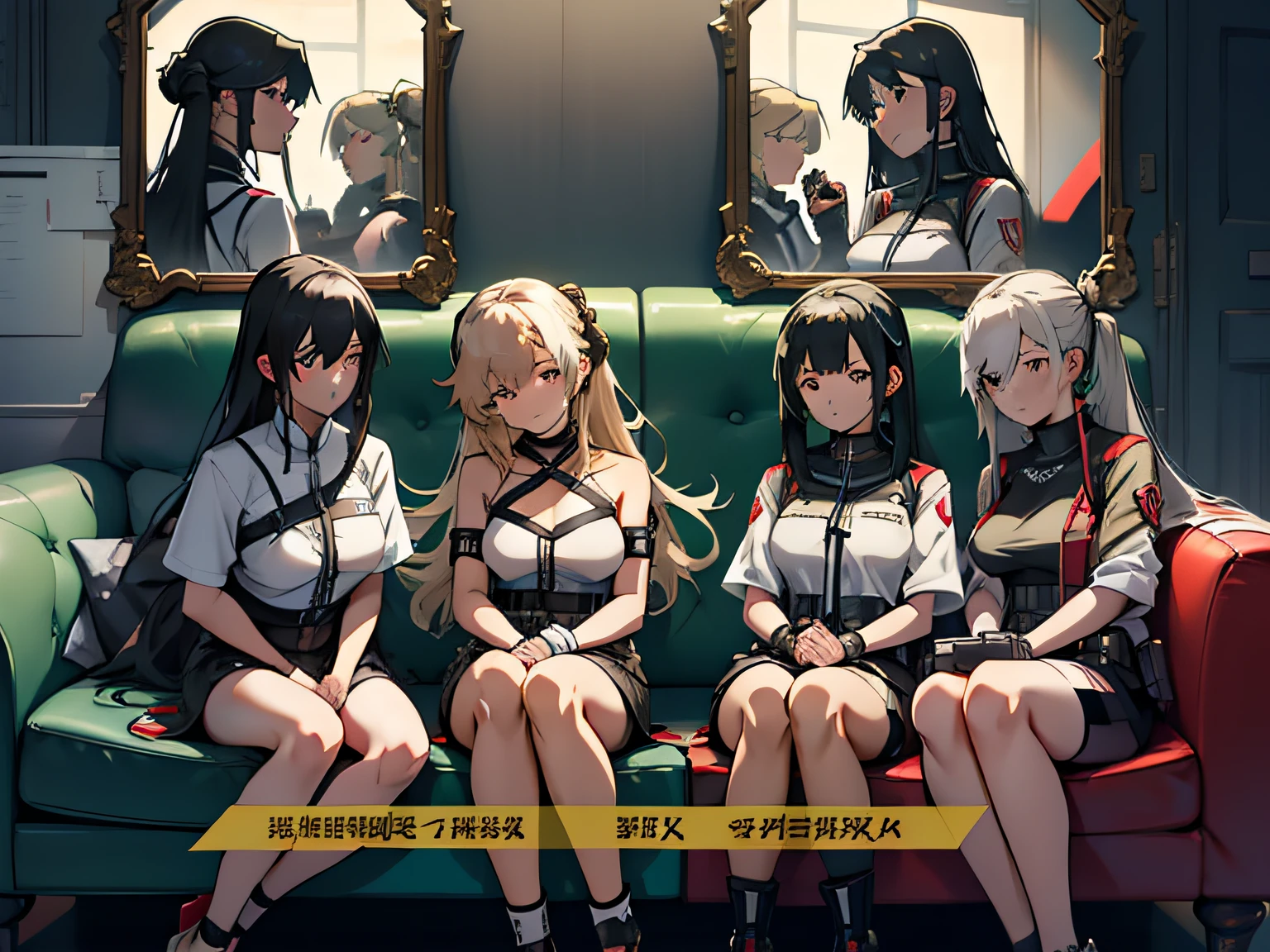 Anime characters sitting on sofas,The background is a mirror, from girls frontline, girls frontline style, Kawasi, girls frontline universe, Fine details. Girl Front, Girl Front, Girls Frontline CG, Kantai collection style, trending on cgstation, Guviz, eechi, style of madhouse studio anime, hololive, An anime cover