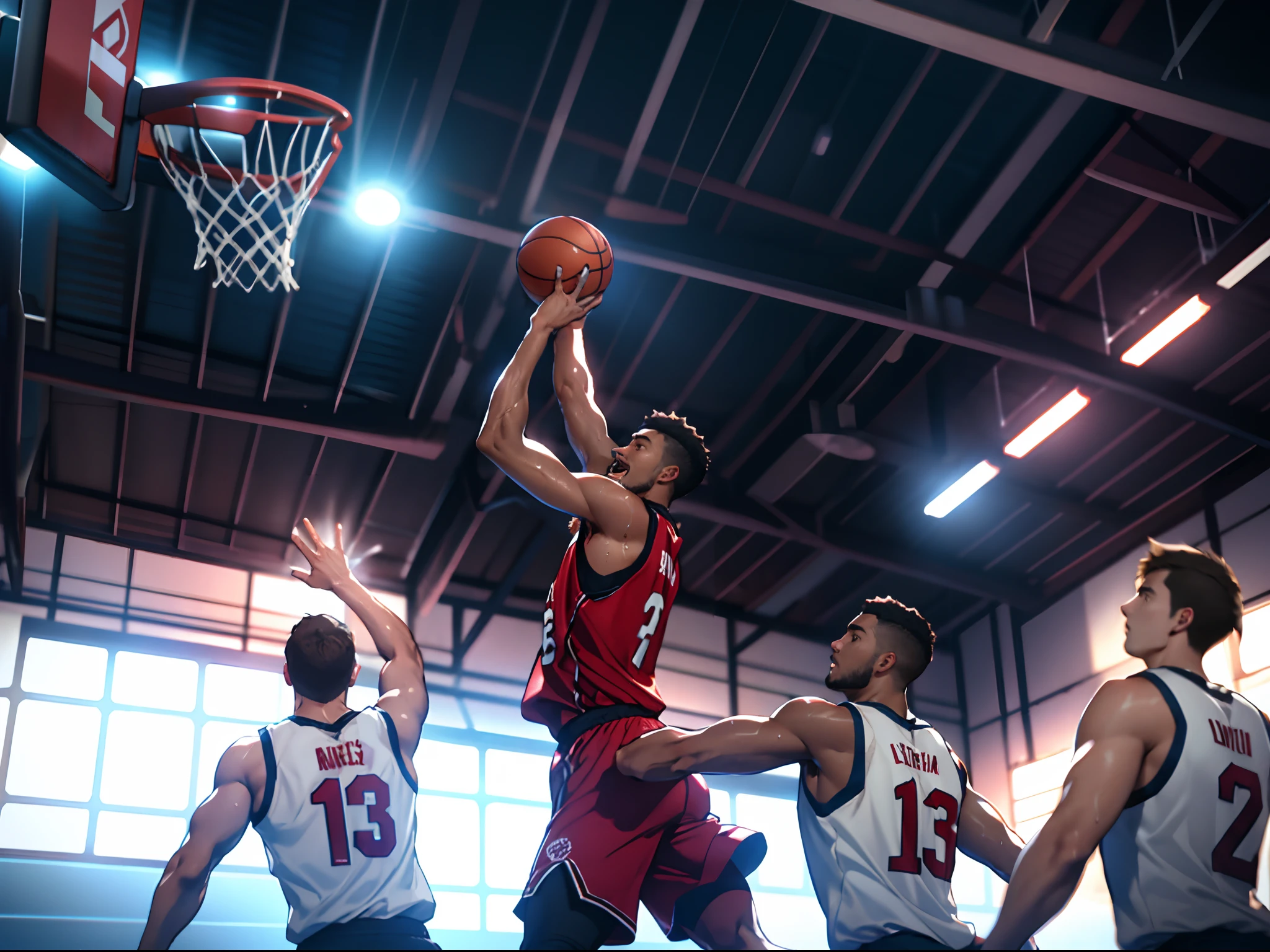 basketball players, basketball court, player shooting for points, motion blur, dramatic lighting, sweat, dynamic pose, dynamic angle, photorealistic, best quality, 4k octane render,